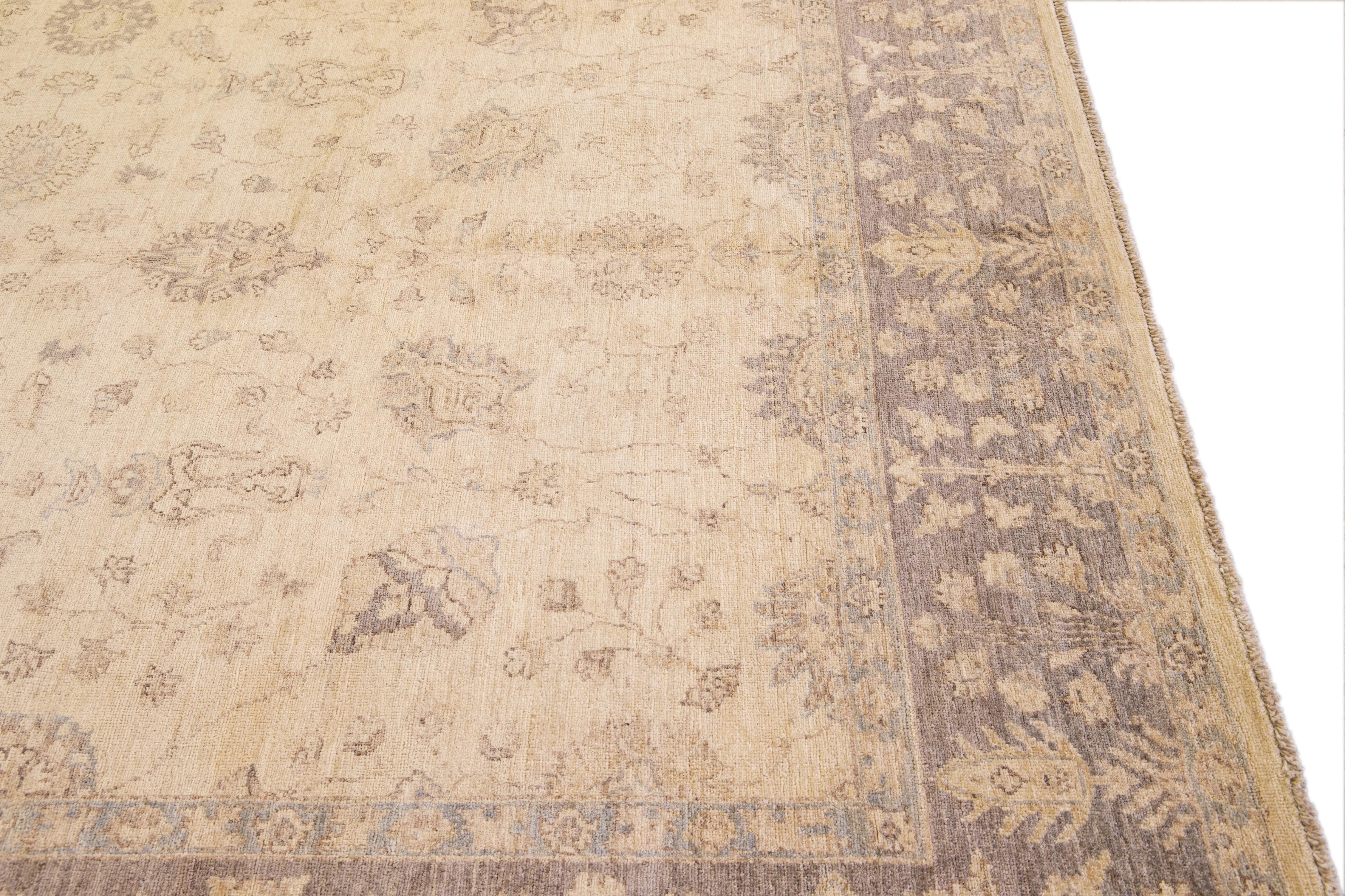 Contemporary Modern Peshawar Handmade Palmettes Beige Wool Rug For Sale