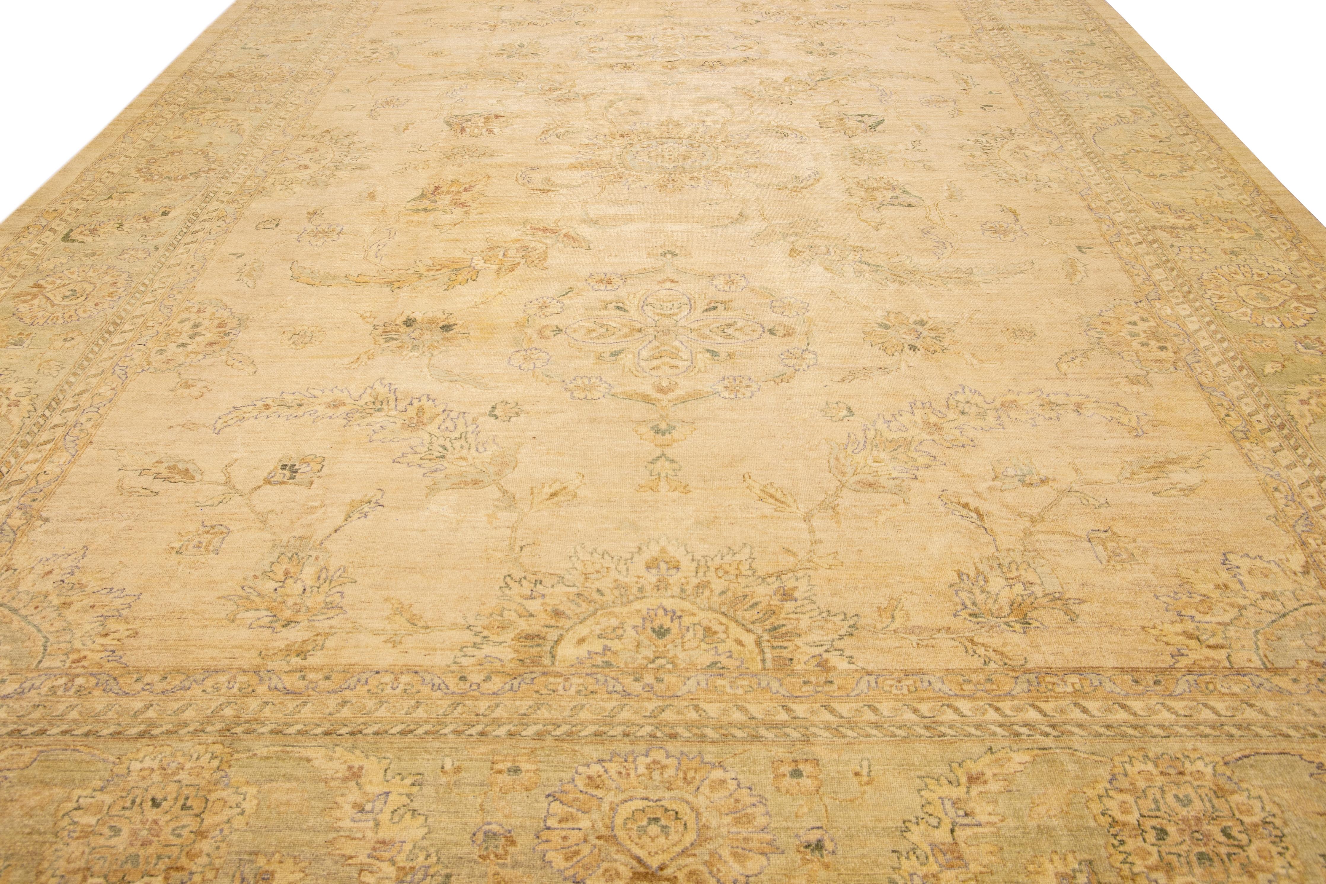 Islamic Modern Peshawar Handmade Palmettes Designed Beige Oversize Wool Rug For Sale