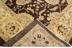 Modern Peshawar Handmade Palmettes Motif Brown Wool Rug