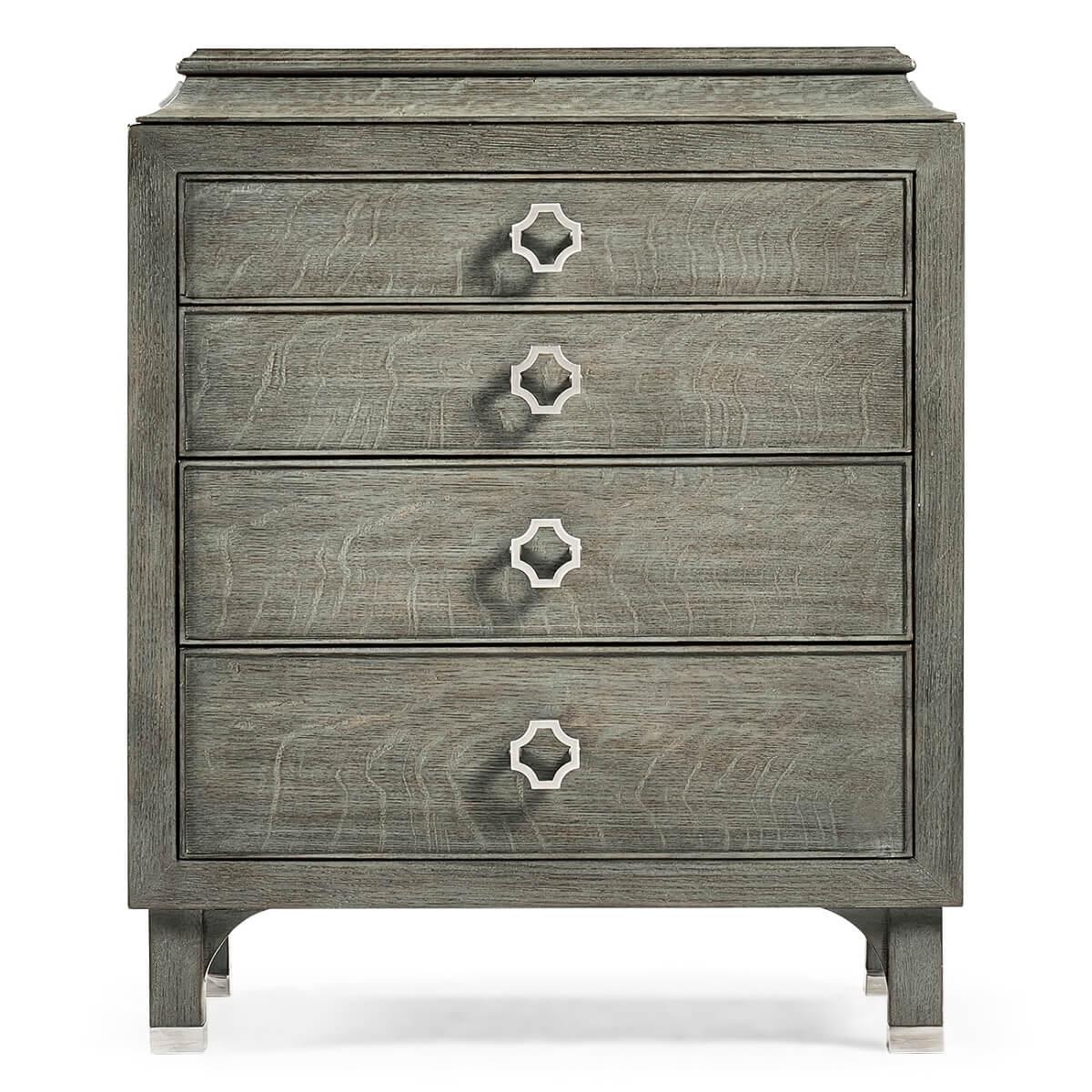 Modern pewter oak nightstands, featuring a small hidden top drawer, with stainless steel handles and caps on the feet. 

Dimensions: 24