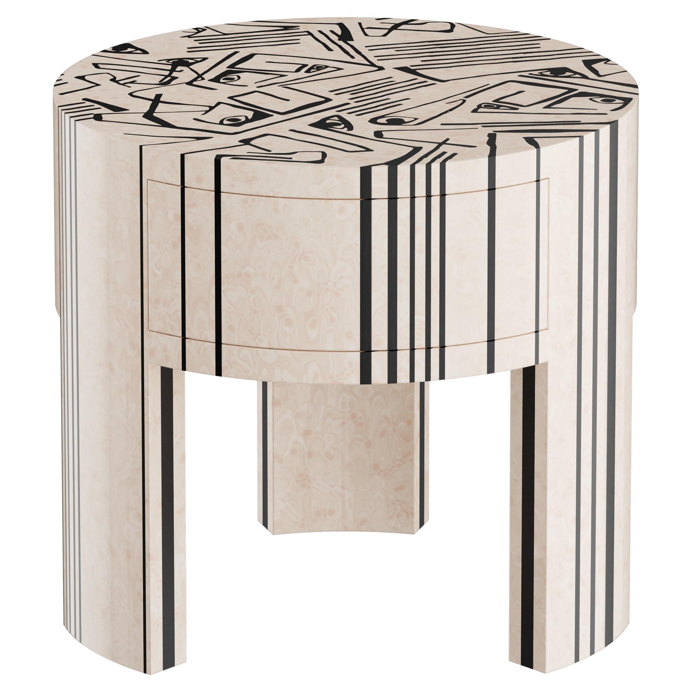 Modern Picasso Round Bedside Table, Nightstand Black & White Wood Marquetry