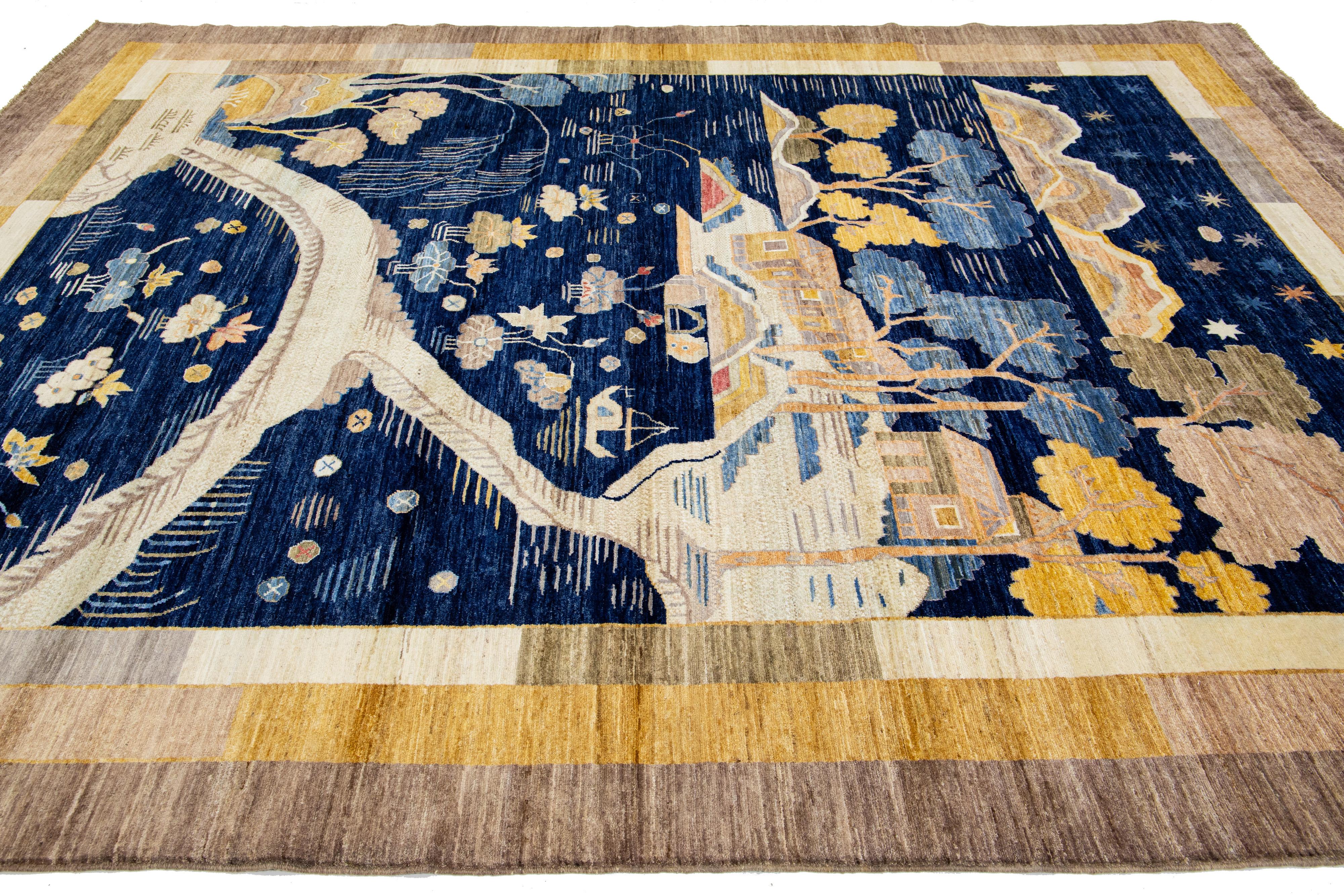Modern Pictorial Designed Chinese Art Deco Style Wool Rug in Navy Blue In New Condition For Sale In Norwalk, CT