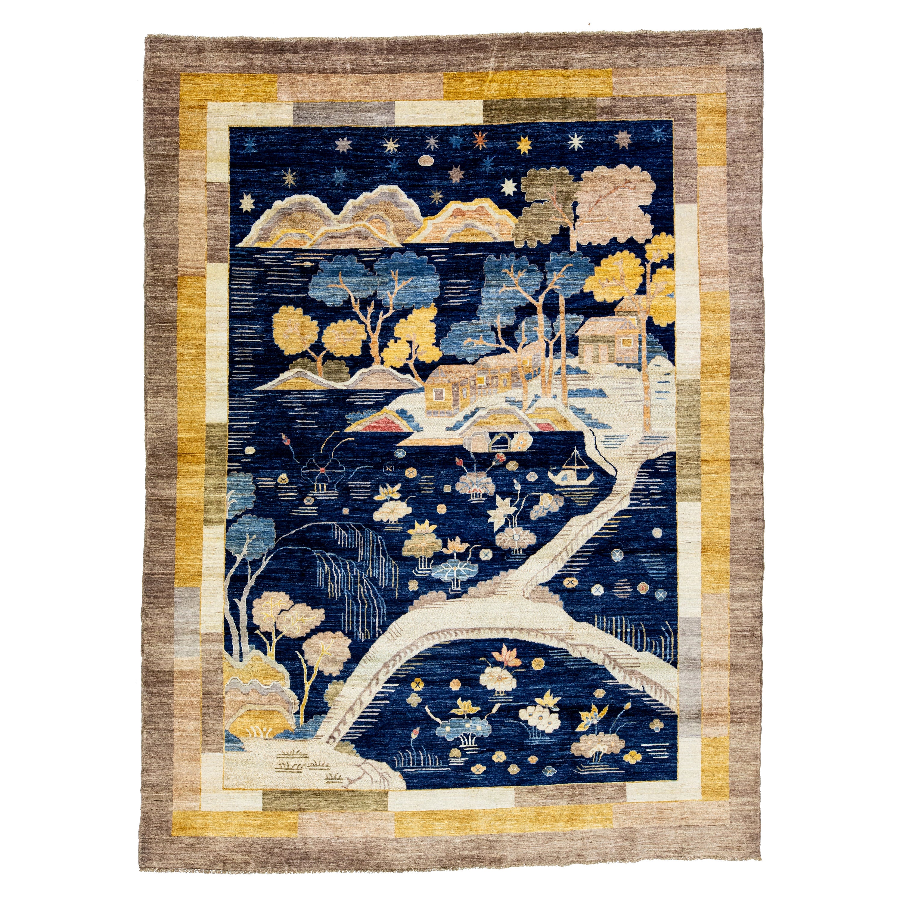 Moderner, malerisch gestalteter chinesischer Wollteppich im Art-déco-Stil in Marineblau