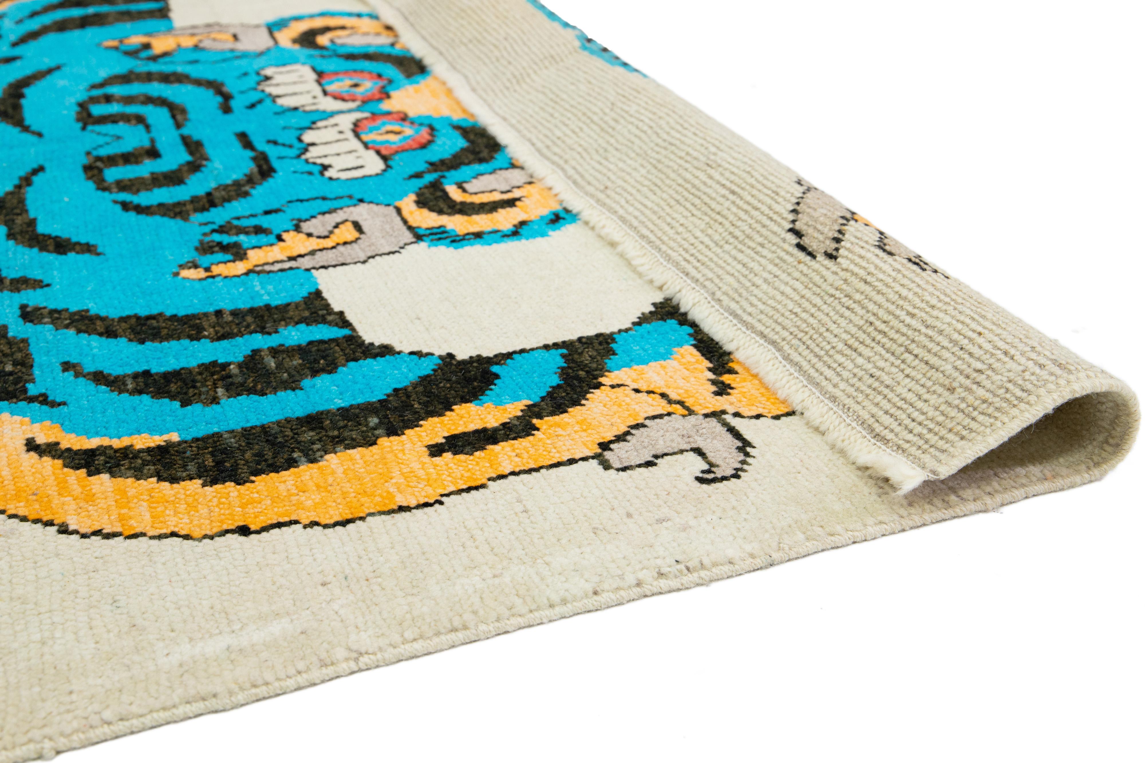 Art Deco Modern Pictorial Hand-Knotted Wool Rug In Beige For Sale
