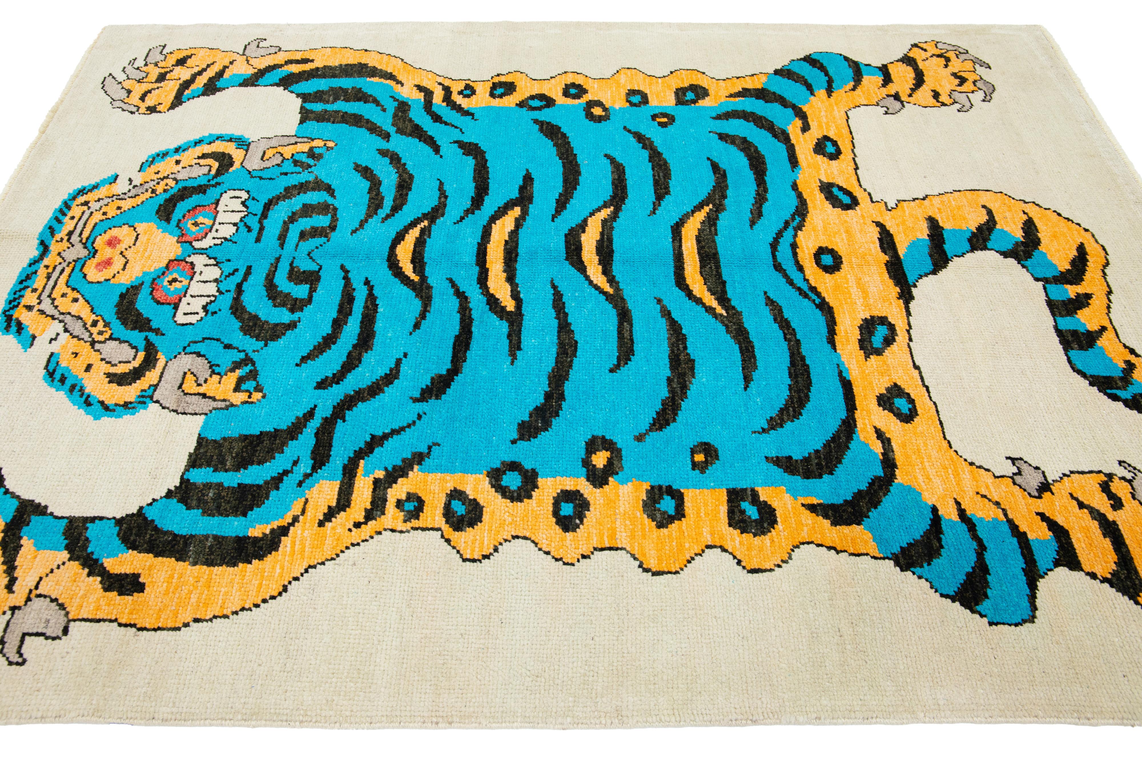 Modern Pictorial Hand-Knotted Wool Rug In Beige For Sale 1