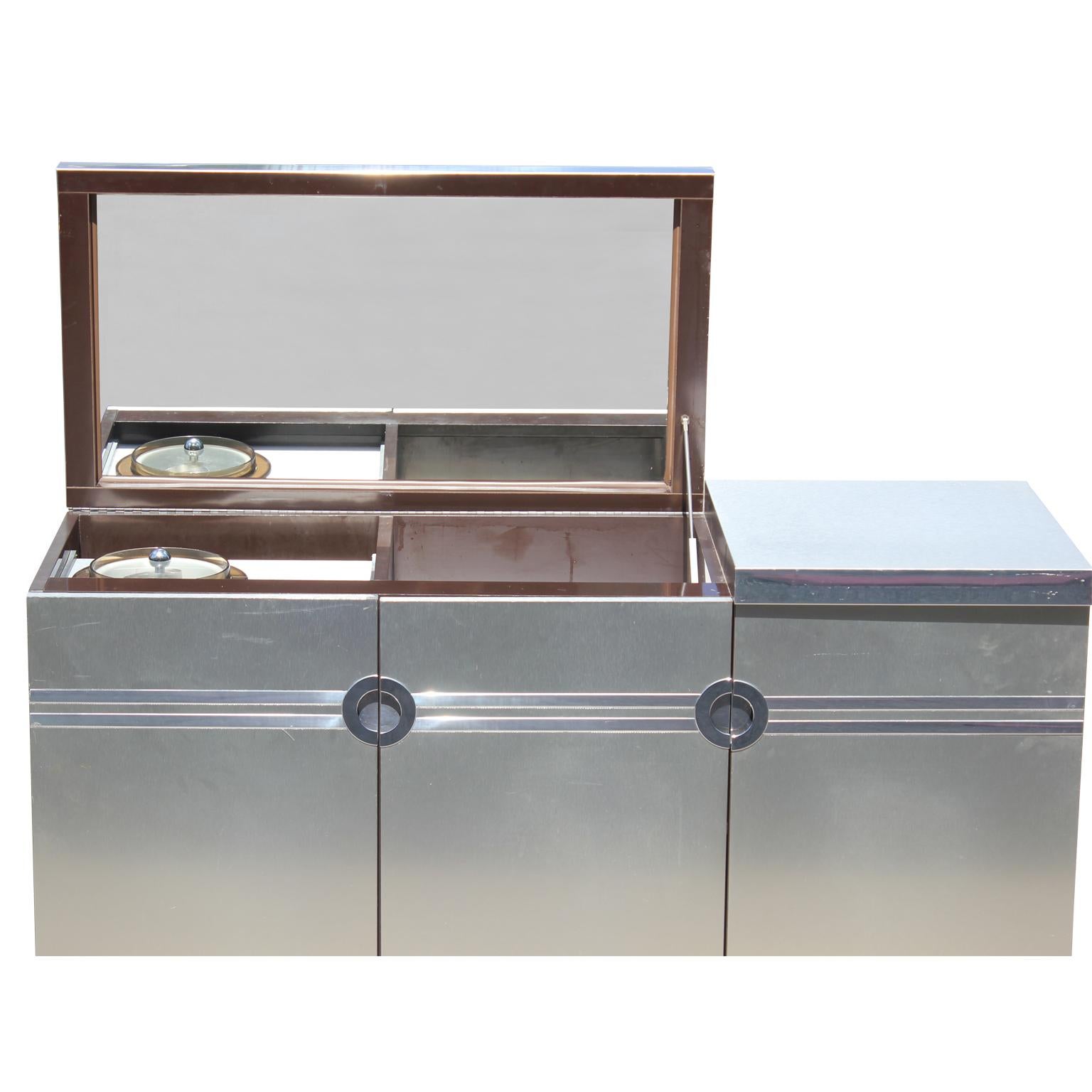 Modern Pierre Cardin Brushed Aluminium and Chrome Flip Top Dry Bar In Good Condition In Houston, TX