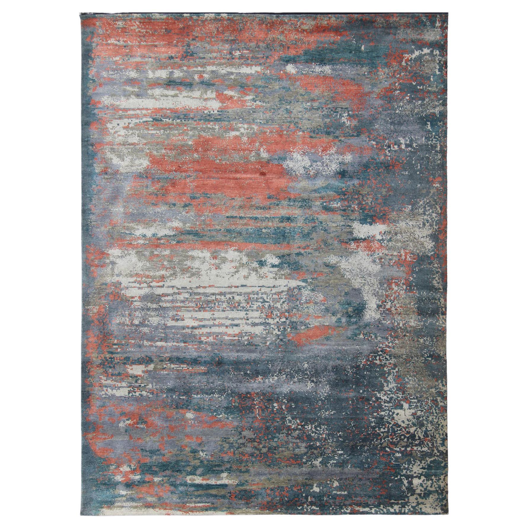 Modern Piled Rug in Color and Minimalist Modern Design in Red, Blue and Silver