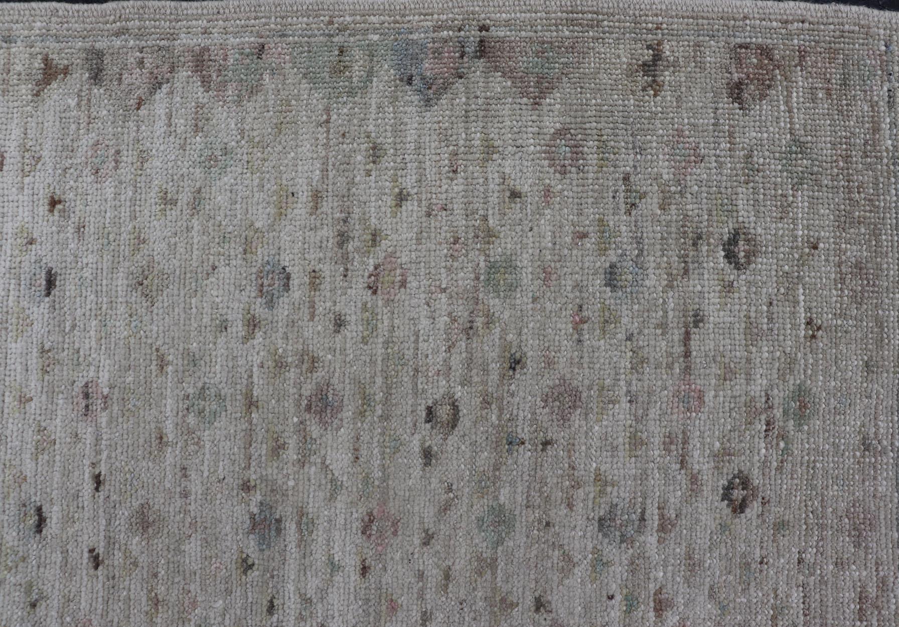 Modern Piled Rug with All-Over Design in Muted Colors and Cream Background For Sale 4