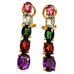 Modern Pink and Green Tourmaline, Garnet, Aquamarine, Amethyst 18 Karat Earrings