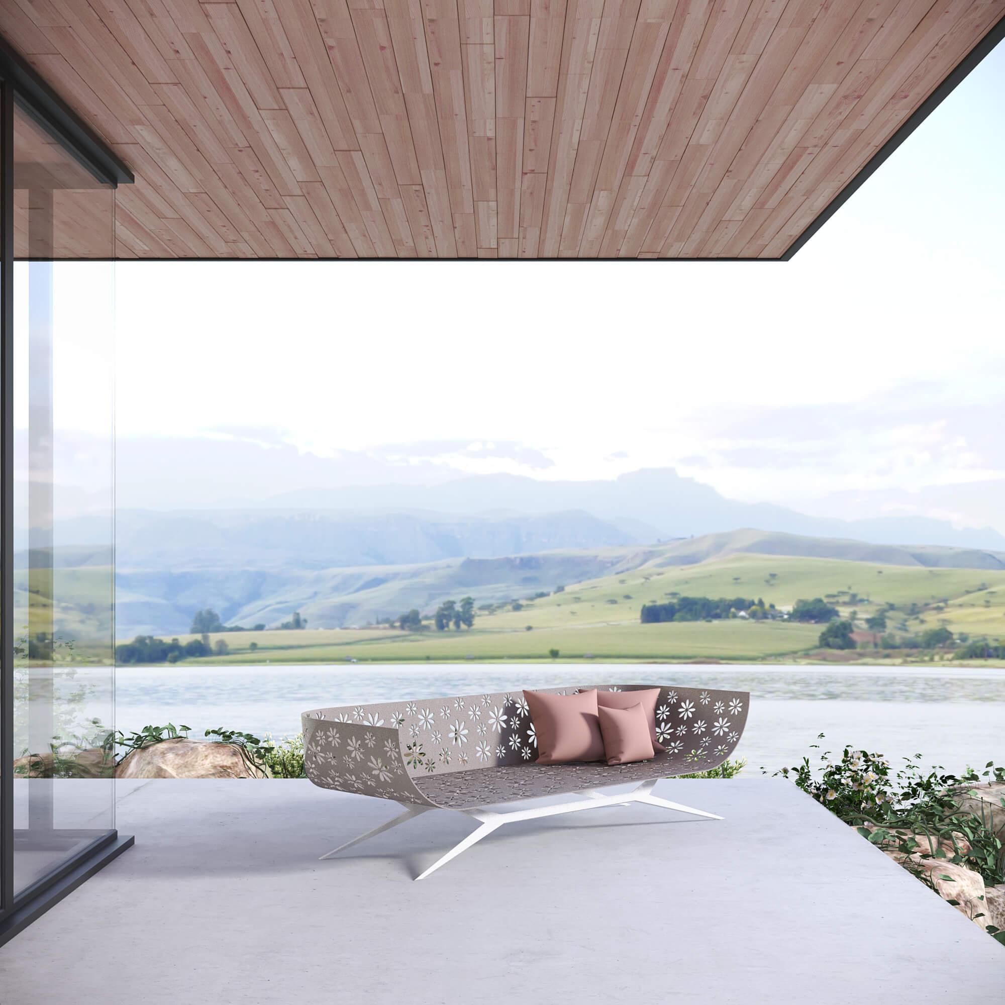 Mesa de centro cuadrada de exterior moderna rosa y gris con diseño floral en venta 3