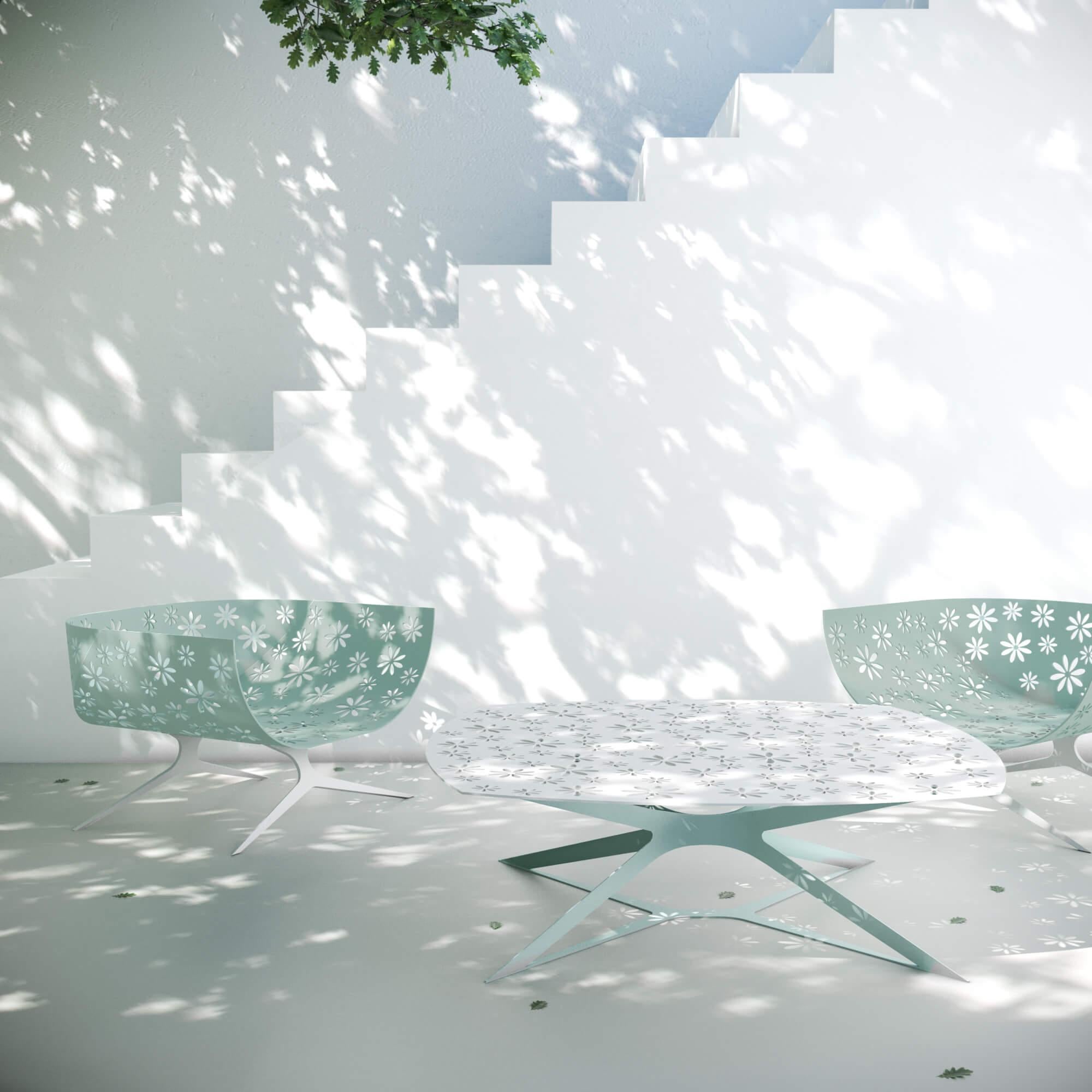 Mesa de centro cuadrada de exterior moderna rosa y gris con diseño floral Siglo XXI y contemporáneo en venta