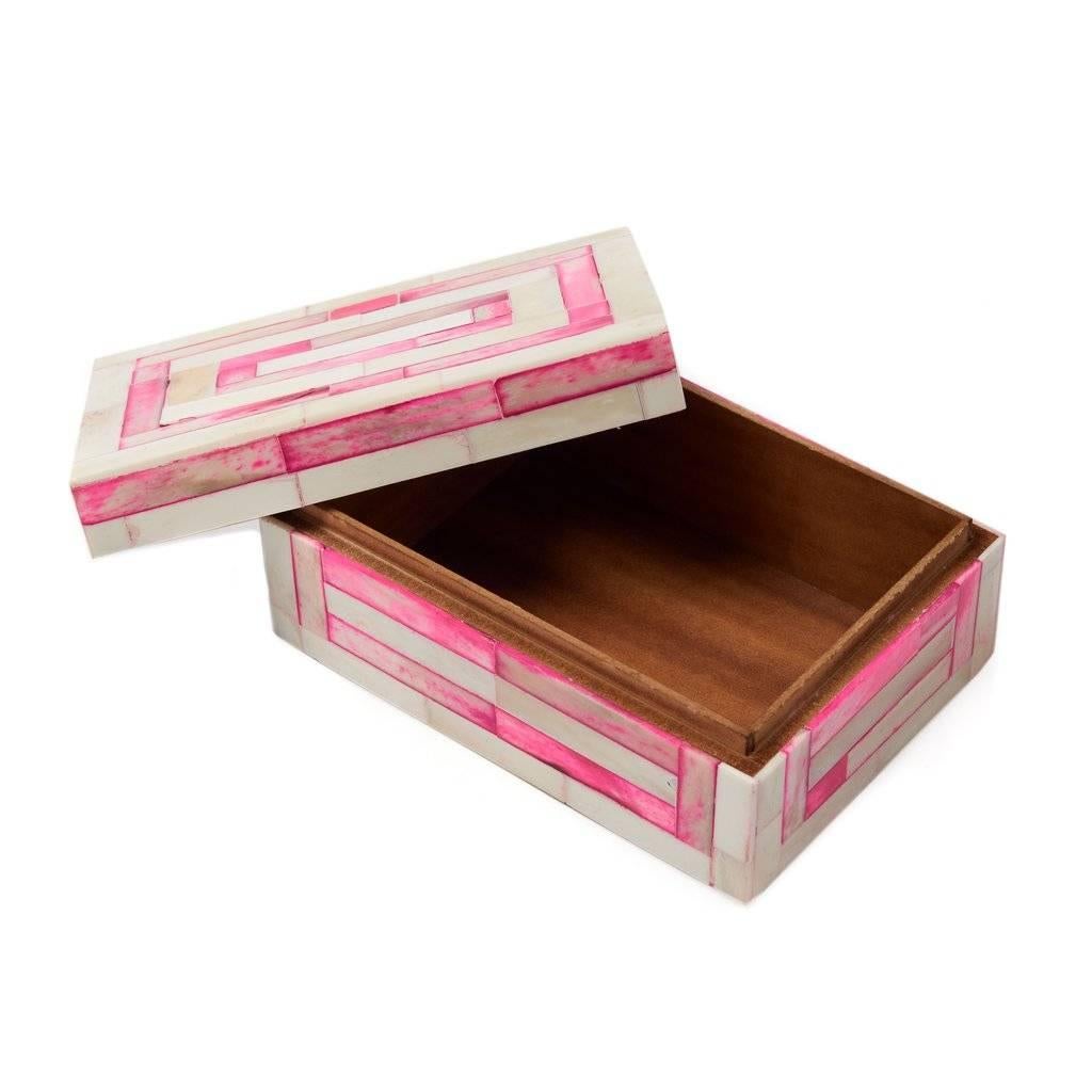 Stash your stuff in style. 

Handcrafted using traditional bone inlay technique. The Mirah Pink box is perfect for the top of a dresser, desk or bathroom. 

Measures: 7