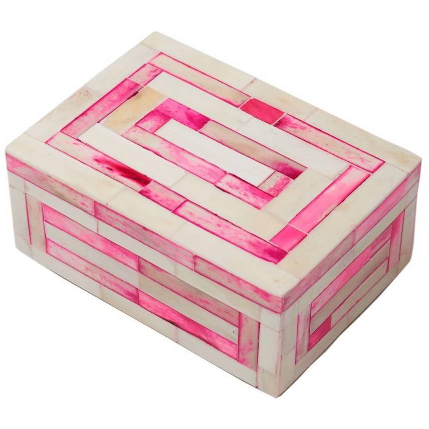 Modern Pink and White Striped Bone Inlay Decorative Box For Sale