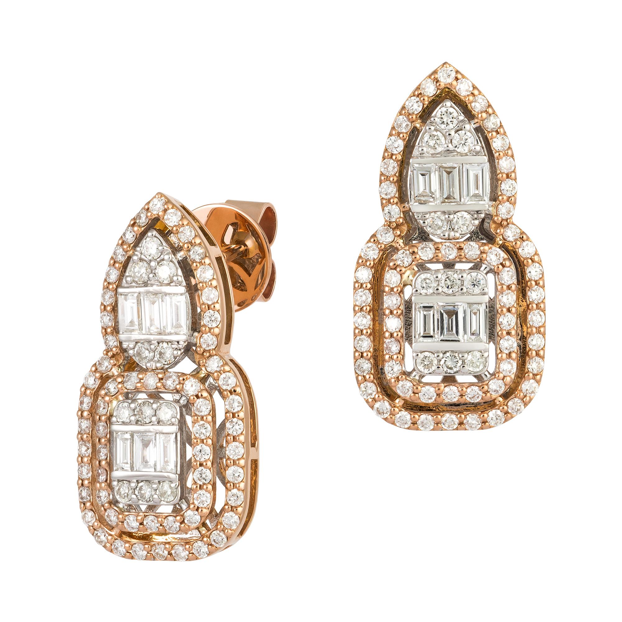EARRING 18K Pink Gold Diamond 0.88 Cts/138 Pcs Tapered Baguette 0.38 Cts/12 Pcs