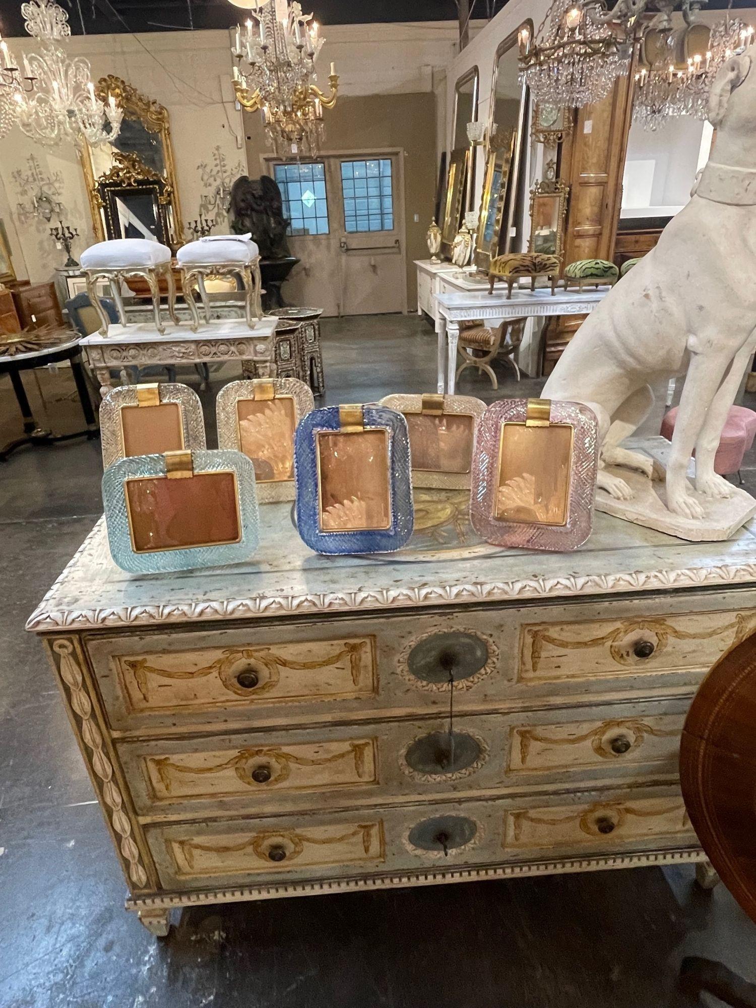 Italian Modern Pink Murano Glass and Brass Picture Frame For Sale