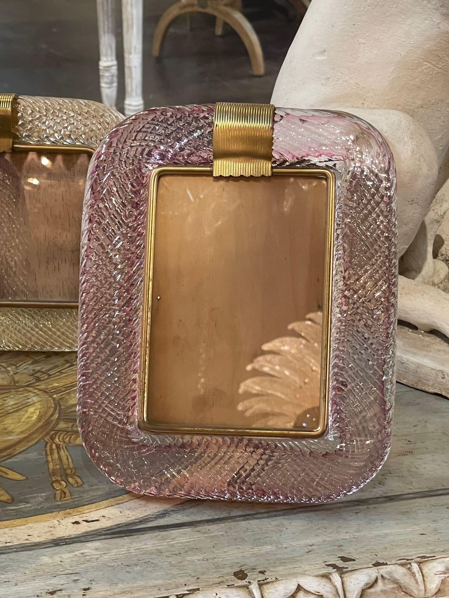 Modern Pink Murano Glass and Brass Picture Frame In Good Condition For Sale In Dallas, TX