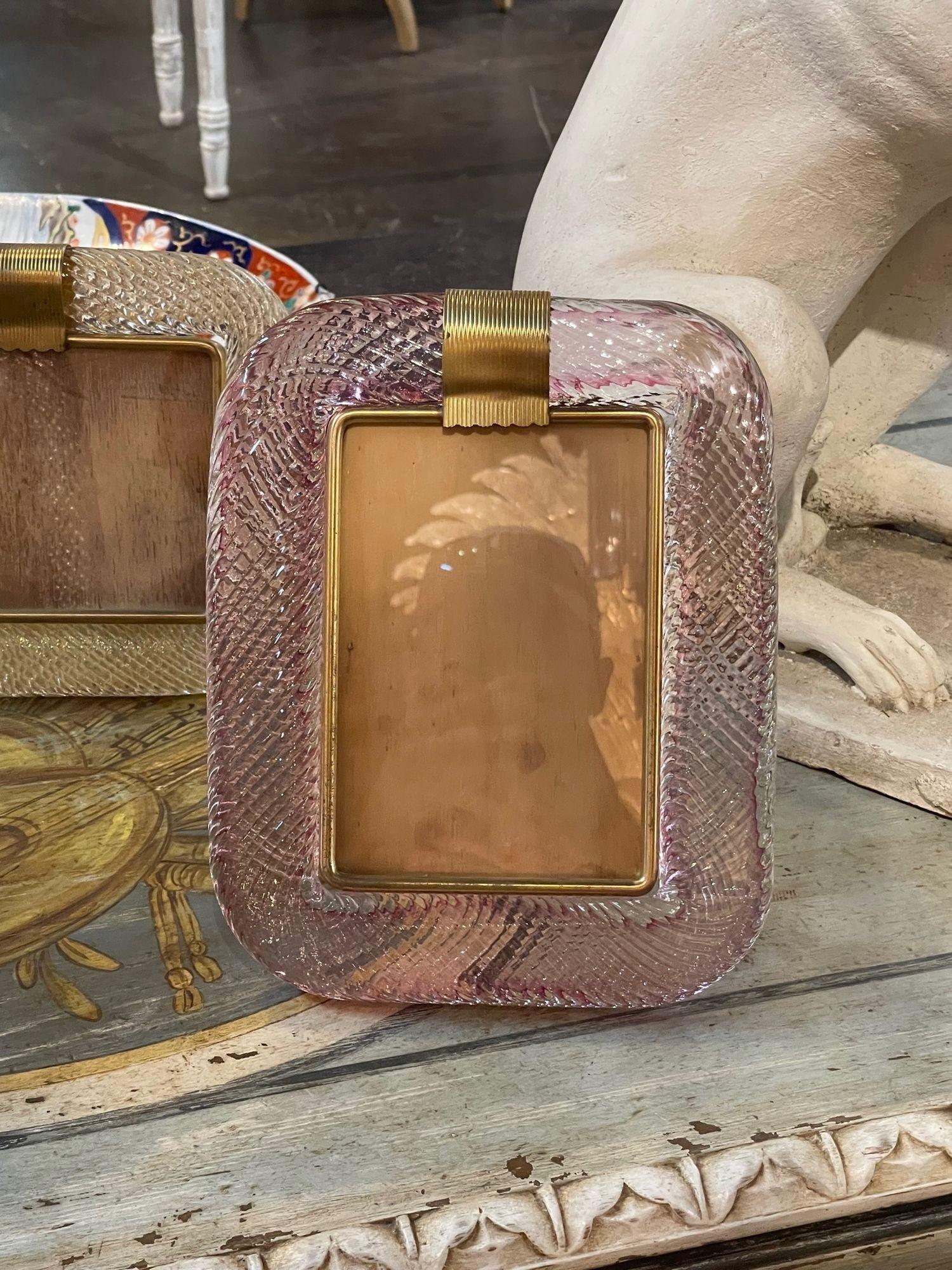 Contemporary Modern Pink Murano Glass and Brass Picture Frame For Sale