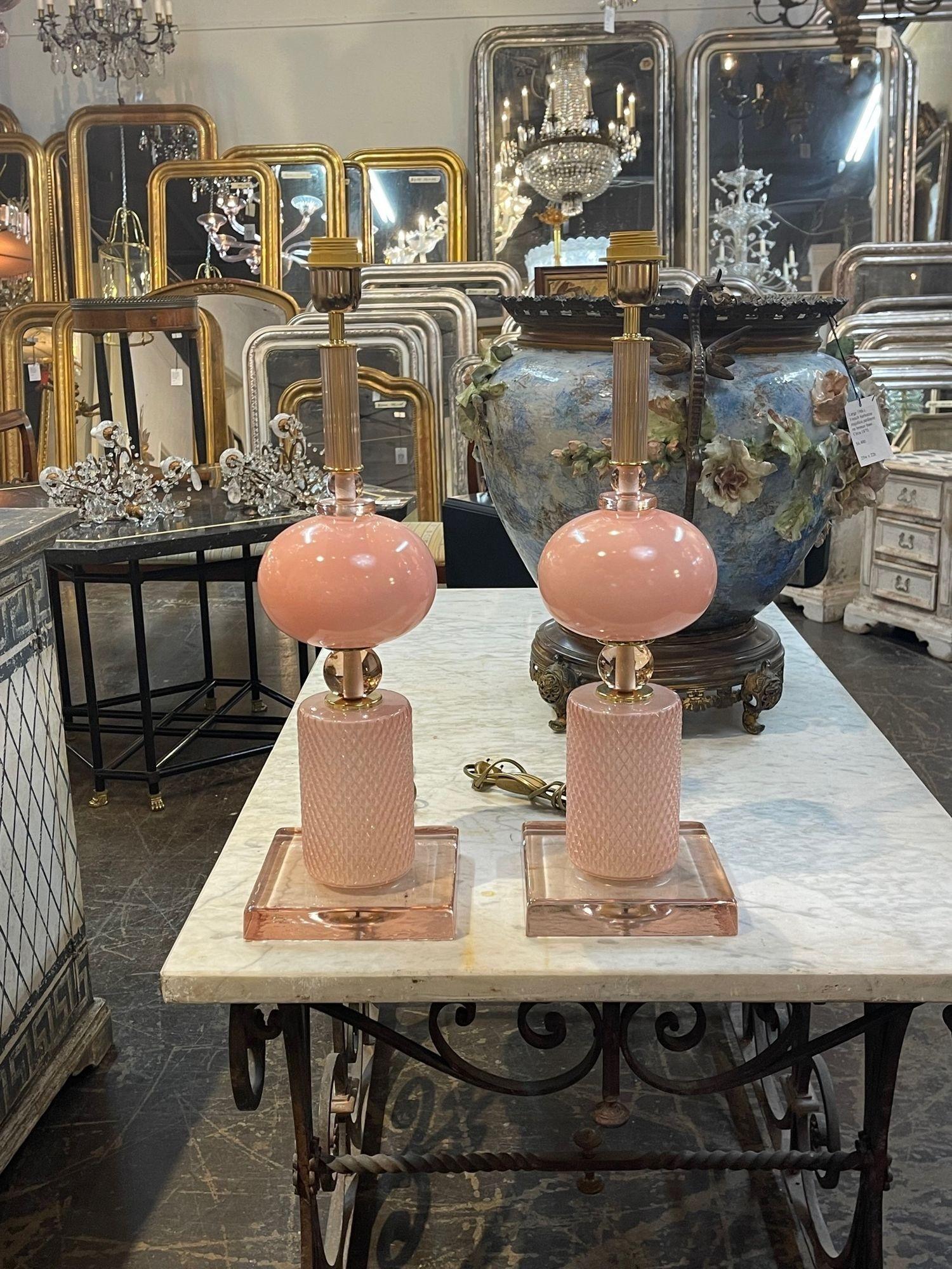 Very fine pair of modern pink Murano glass lamps. Makes an elegant statement in a fine home. Gorgeous!!