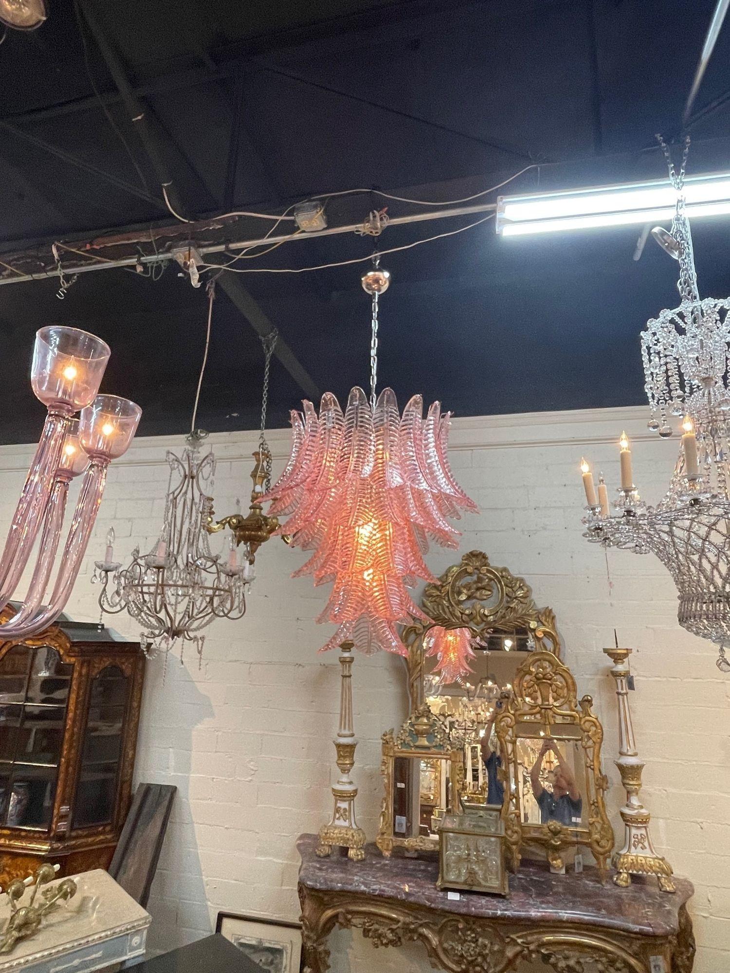 Italian Modern Pink Murano Palm Leaf Chandelier