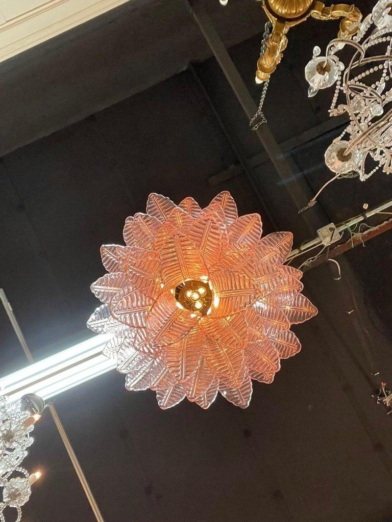 Contemporary Modern Pink Murano Palm Leaf Chandelier For Sale