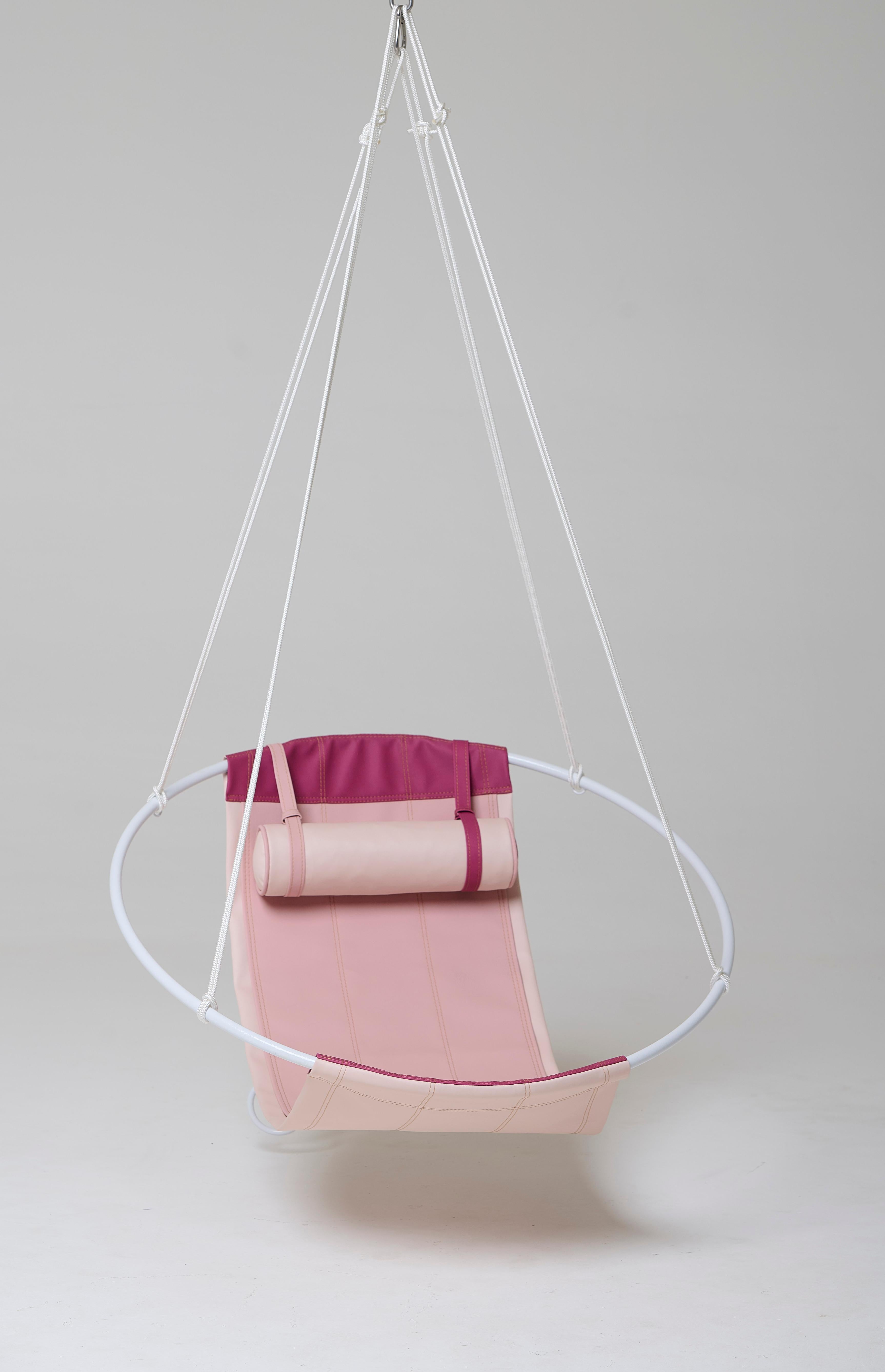 Our Outdoor Sling hanging chair swing seat is crafted with Spradling Silvertex material – a highly sustainable environmentally-friendly vegan material.

The Slings can be ordered as a single but also works together as a pair which is slightly