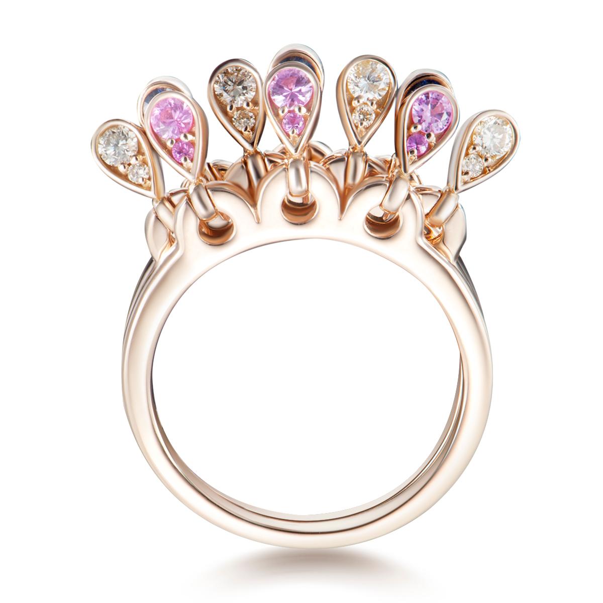 18K Gold Ring with Cream Diamonds and Pink Sapphires.
Teardrop sapphires are kinetic and movable.
Gold Weight: 7.70 grams
Diamond Carats: 0.29
Sapphire Carats: 0.30

FerrariFirenze, Handmade in Italy.
US Ring Size: 7
Style: FF093RG22

Pink Sapphire