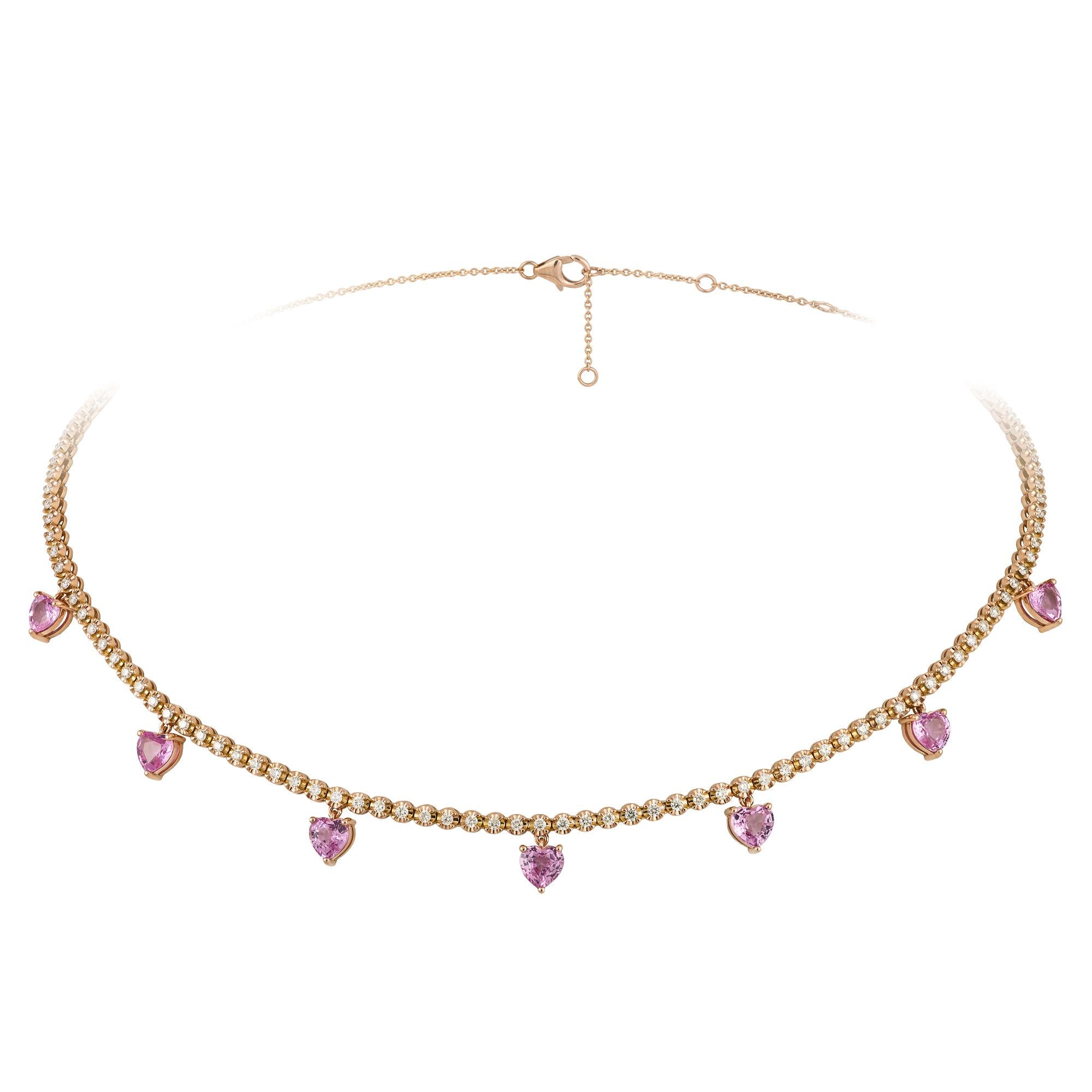 Rose Cut Modern Pink Sapphire Diamond 18 Karat Rose Gold Necklace for Her For Sale