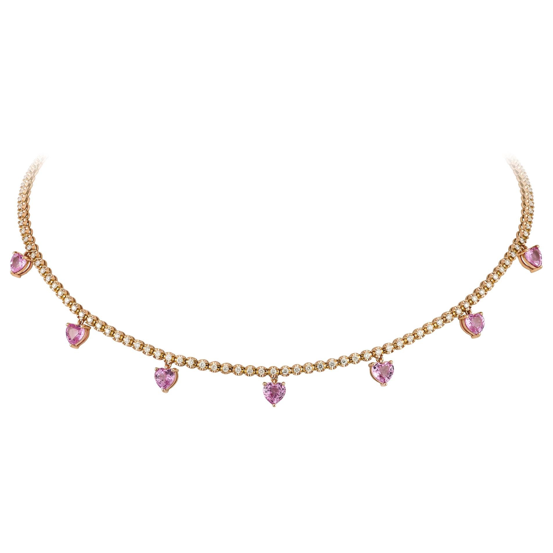 Modern Pink Sapphire Diamond 18 Karat Rose Gold Necklace for Her For Sale