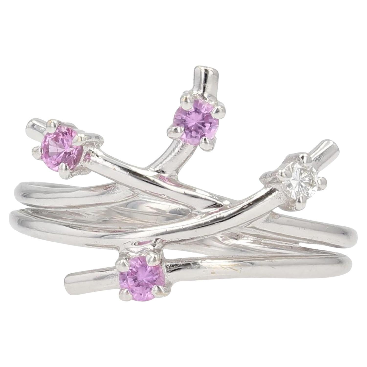 Anello moderno con zaffiro rosa e diamante in oro bianco 18 carati