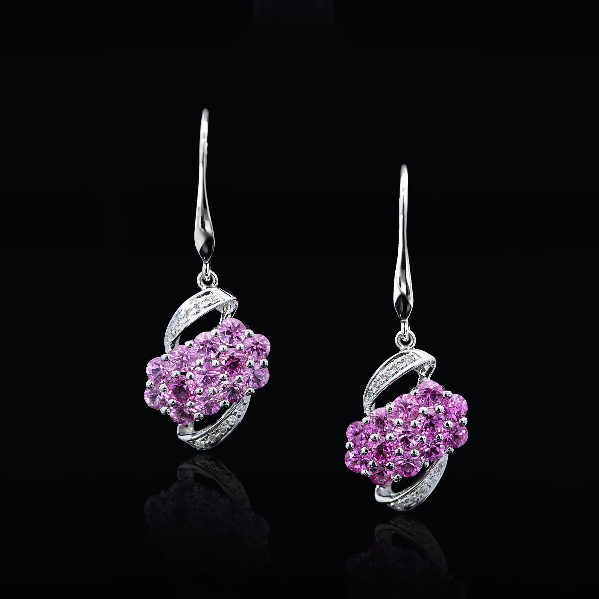 Mixed Cut Modern Pink Sapphire & Diamond Drop Earrings 