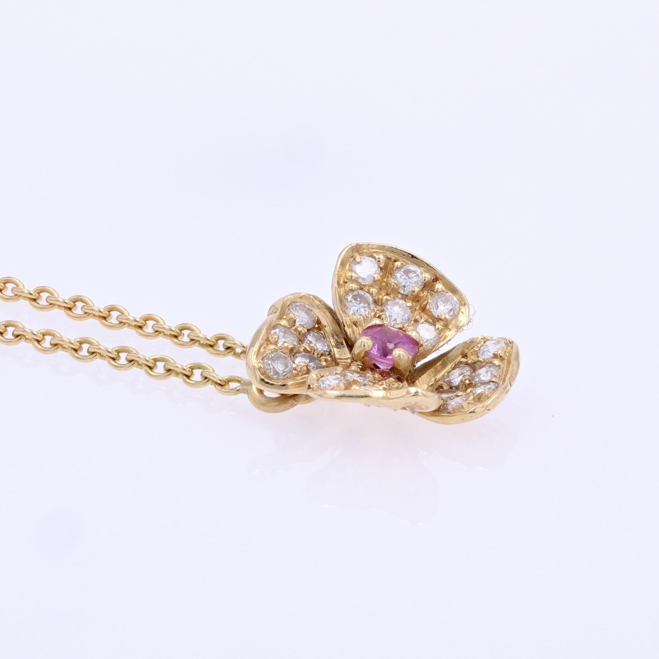 Modern Pink Sapphire Diamonds 18 Karat Yellow Gold Flower Pendant Necklace For Sale 5