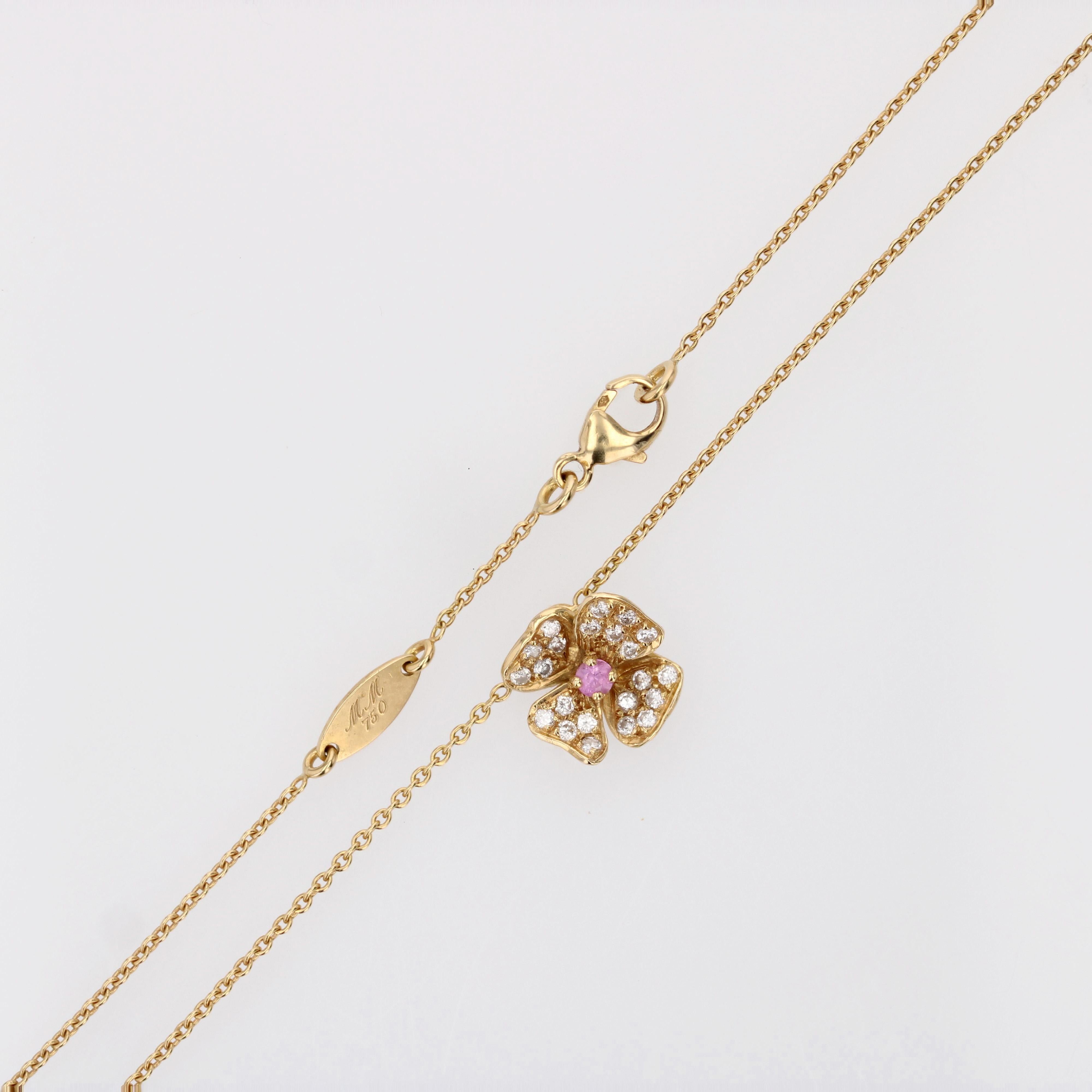 Modern Pink Sapphire Diamonds 18 Karat Yellow Gold Flower Pendant Necklace For Sale 9