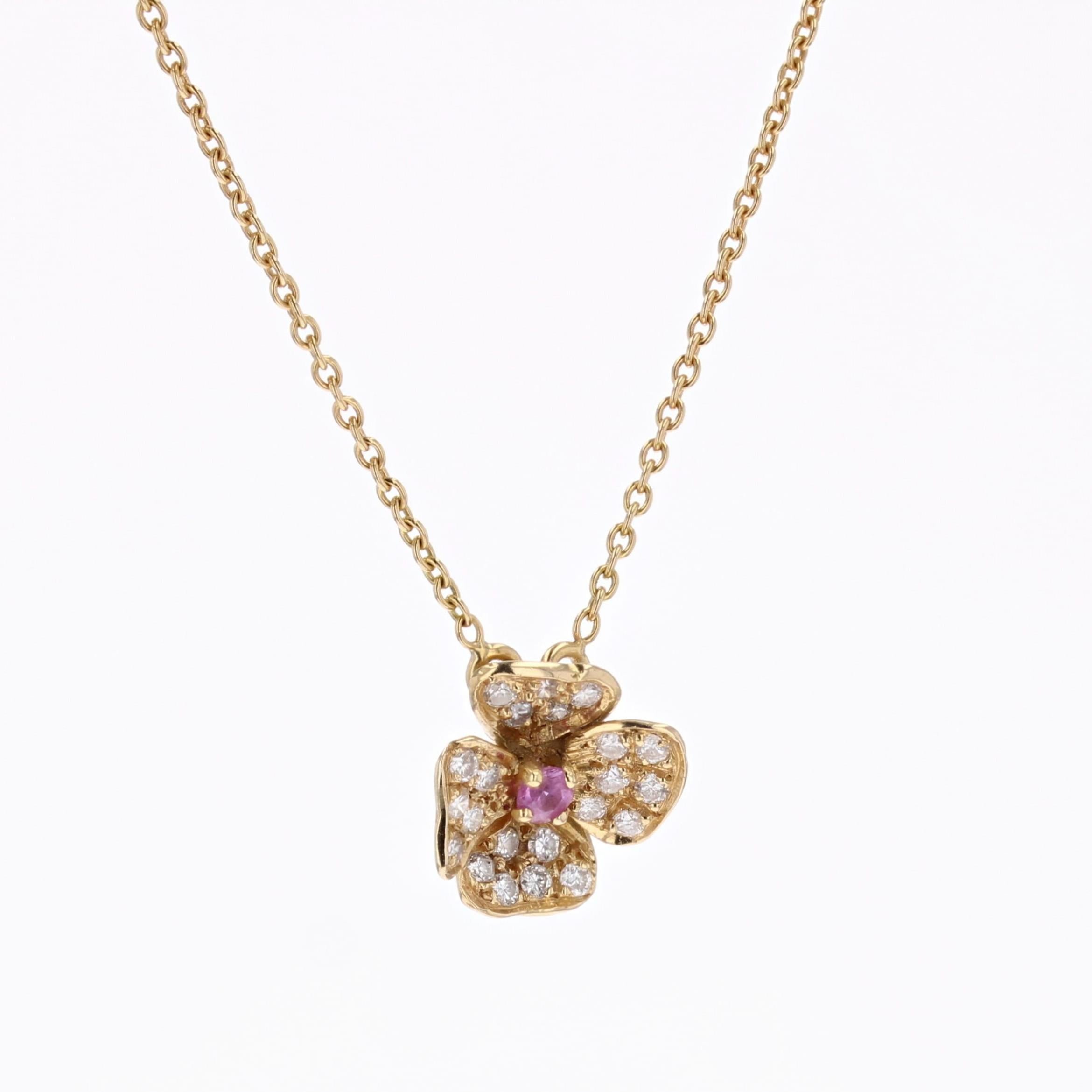 Women's Modern Pink Sapphire Diamonds 18 Karat Yellow Gold Flower Pendant Necklace For Sale