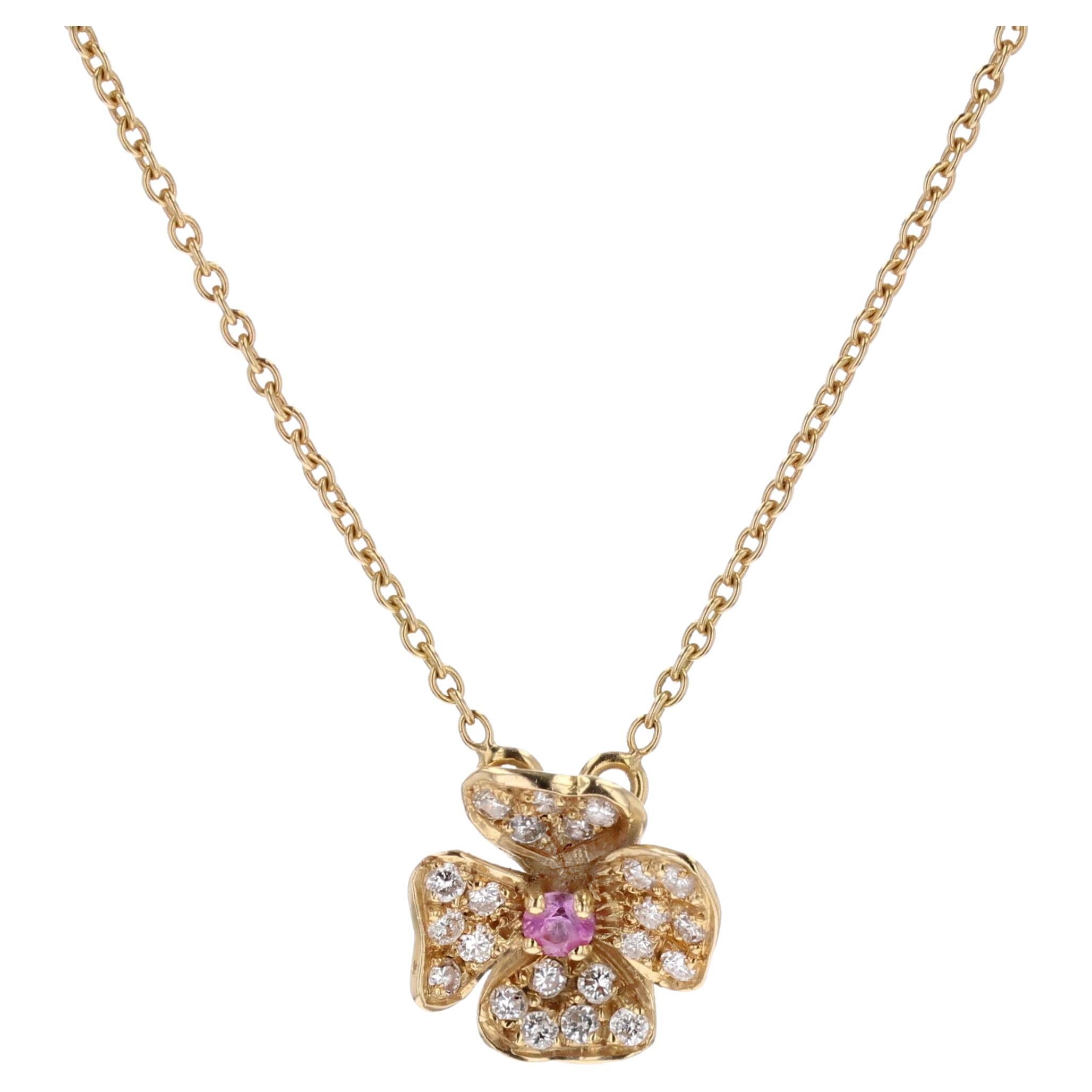 Modern Pink Sapphire Diamonds 18 Karat Yellow Gold Flower Pendant Necklace