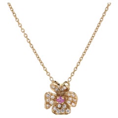 Modern Pink Sapphire Diamonds 18 Karat Yellow Gold Flower Pendant Necklace