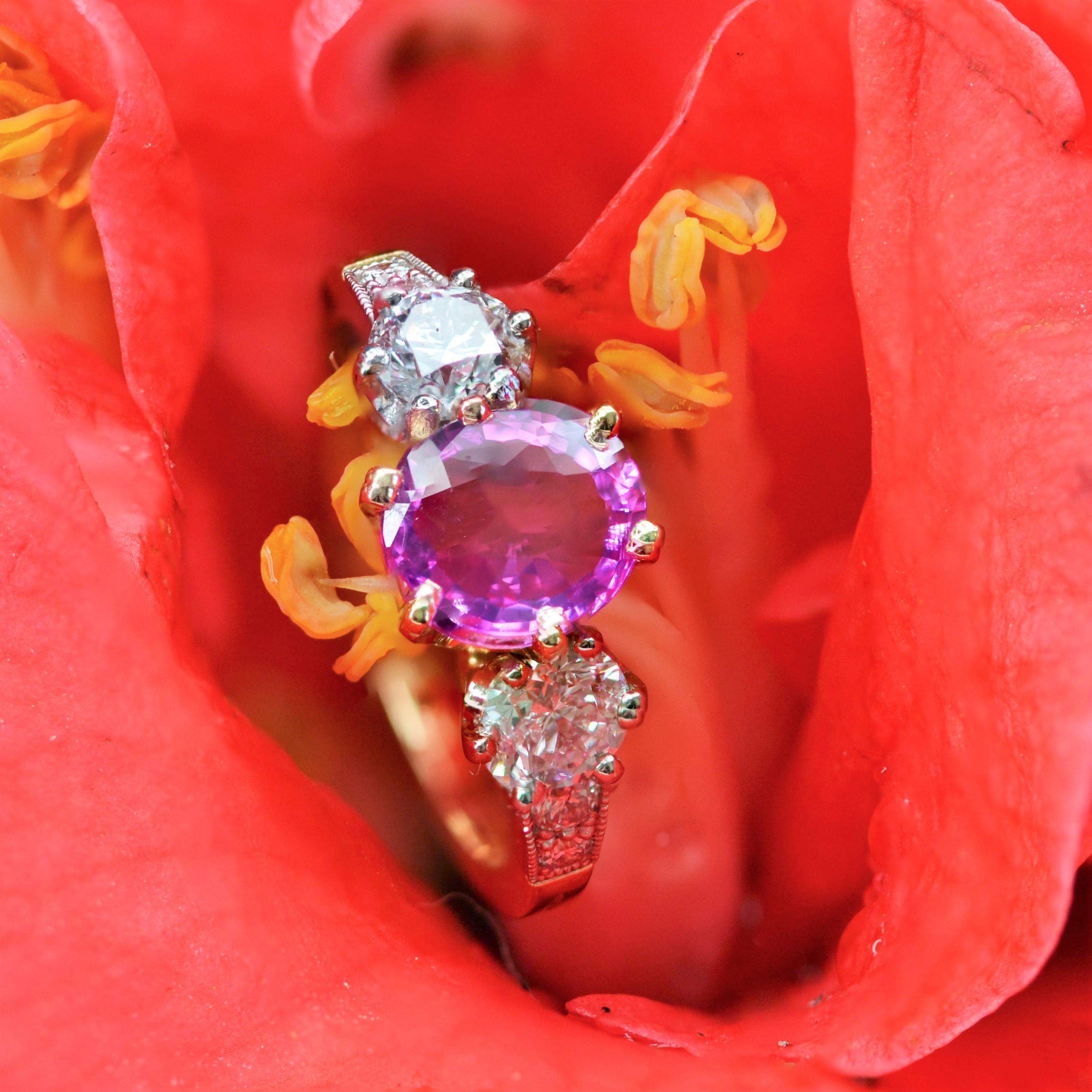 Oval Cut Modern Pink Sapphire Diamonds 18 Karat Yellow Gold Platinum Ring For Sale