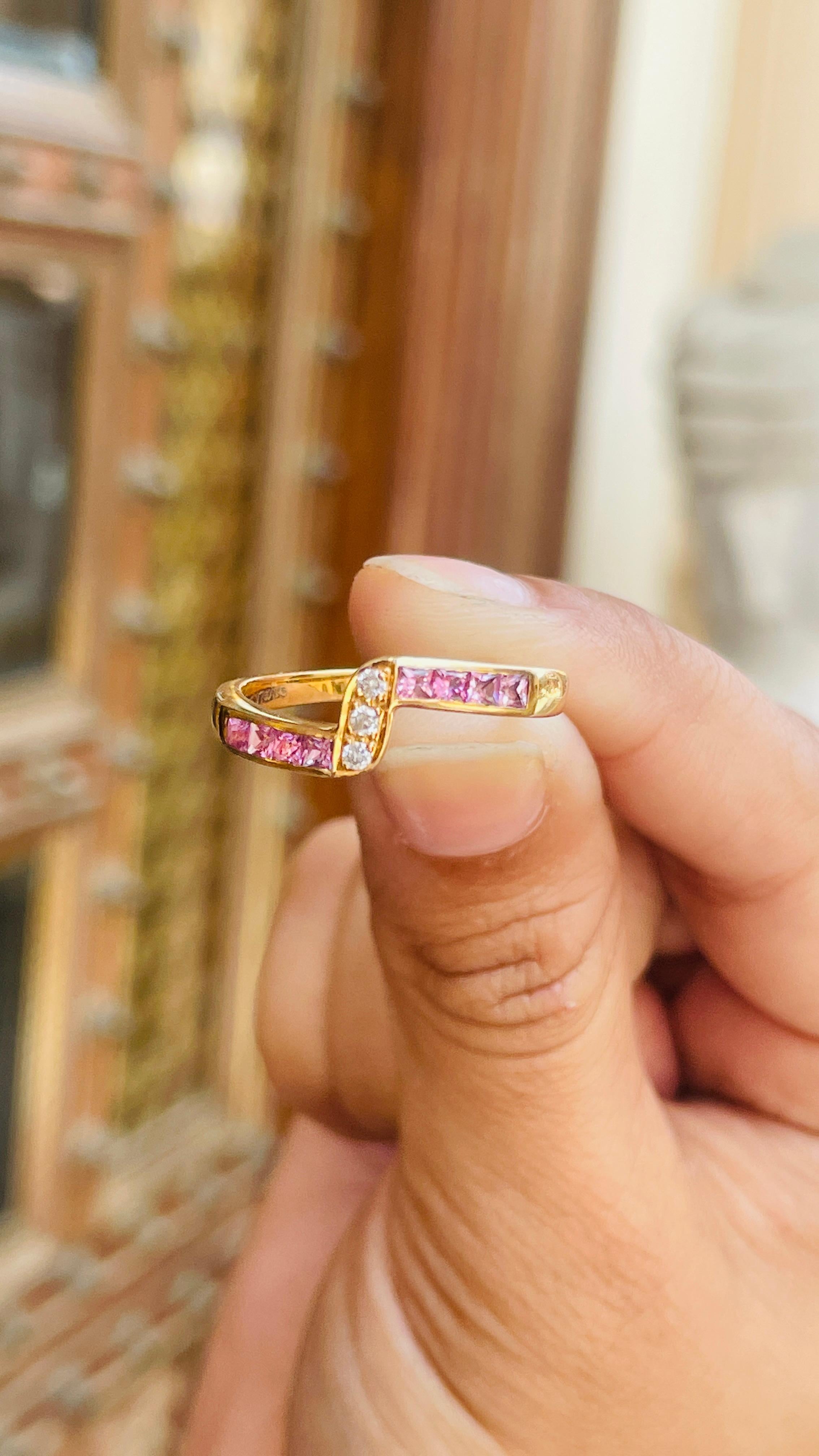For Sale:  Modern Pink Sapphire Stackable Ring with Diamonds in 14k Yellow Gold 11