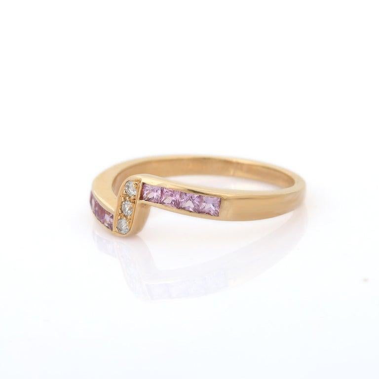 For Sale:  Modern Pink Sapphire Stackable Ring with Diamonds in 14k Yellow Gold 12