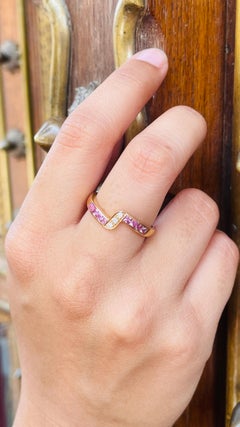 Modern Pink Sapphire Stackable Ring with Diamonds in 14k Yellow Gold
