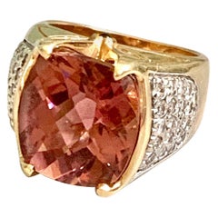 Vintage Modern Pink Tourmaline and Diamond 14 Karat Yellow Gold Ring