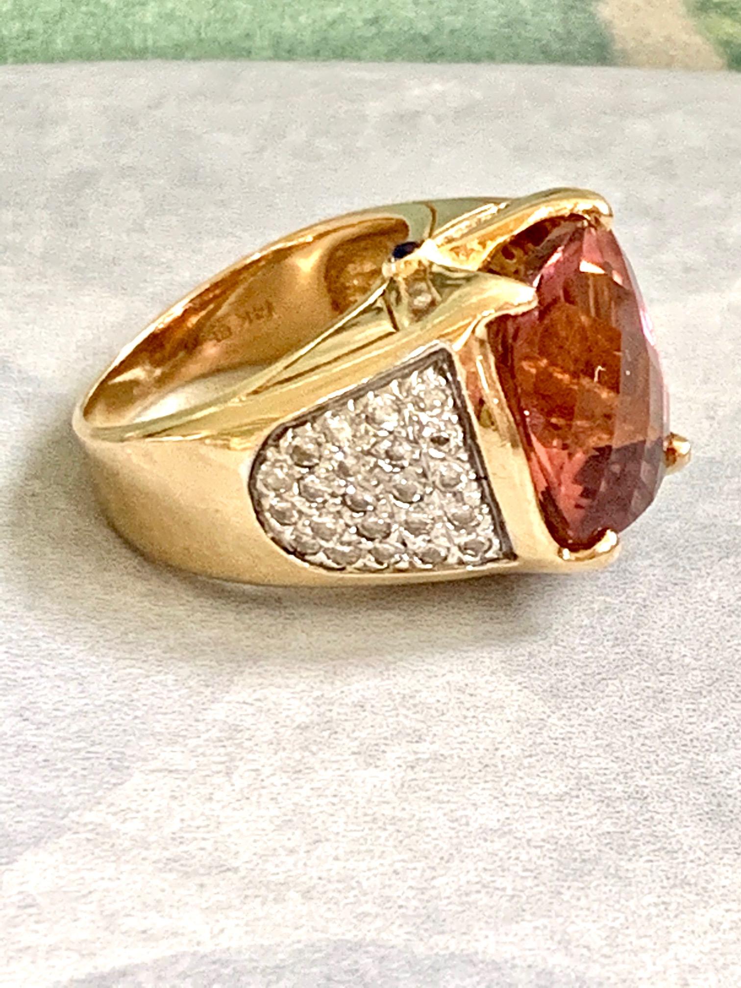 Modern Pink Tourmaline and Diamond 14 Karat Yellow Gold Ring In Excellent Condition In St. Louis Park, MN