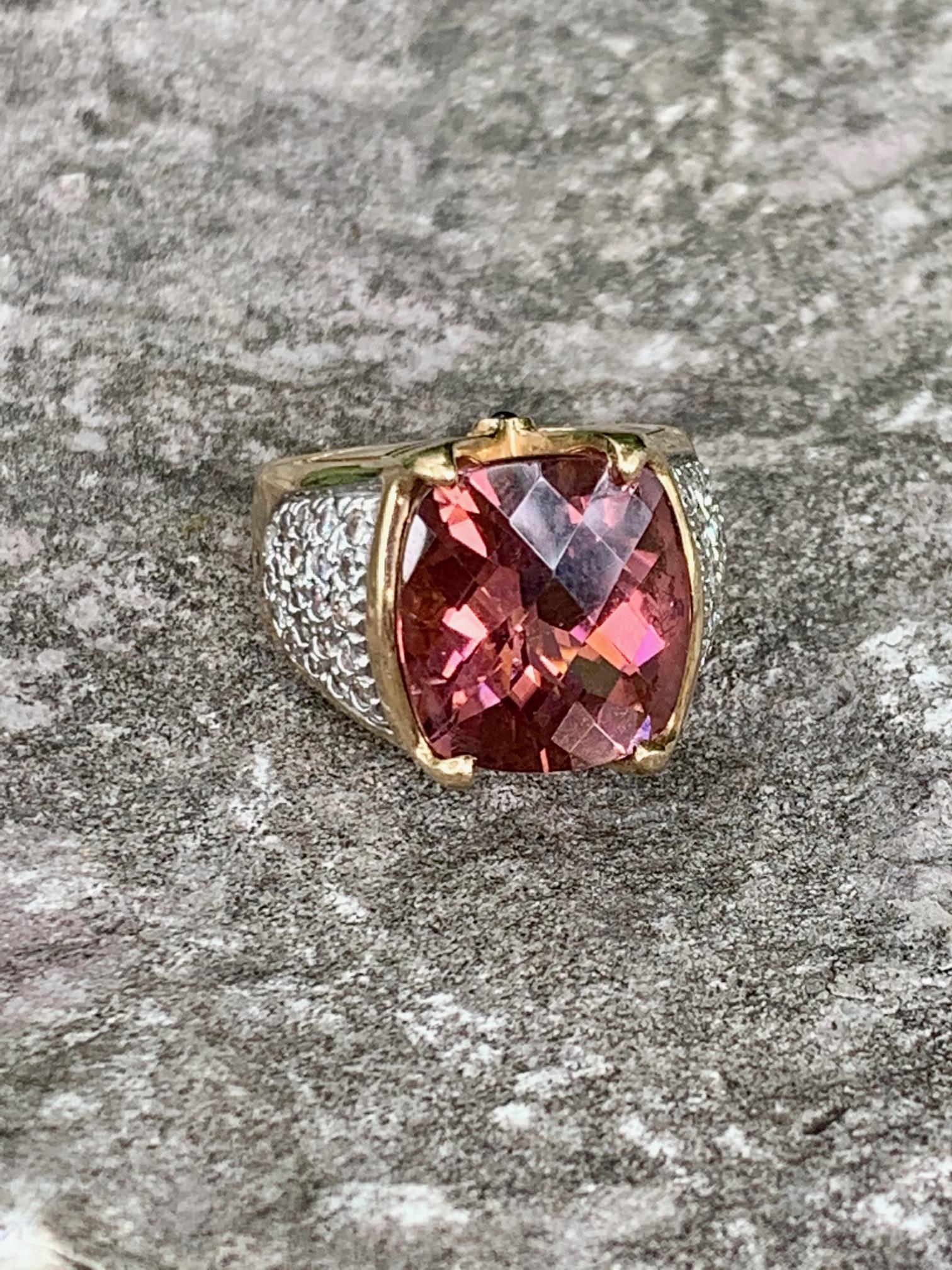 Women's Modern Pink Tourmaline and Diamond 14 Karat Yellow Gold Ring