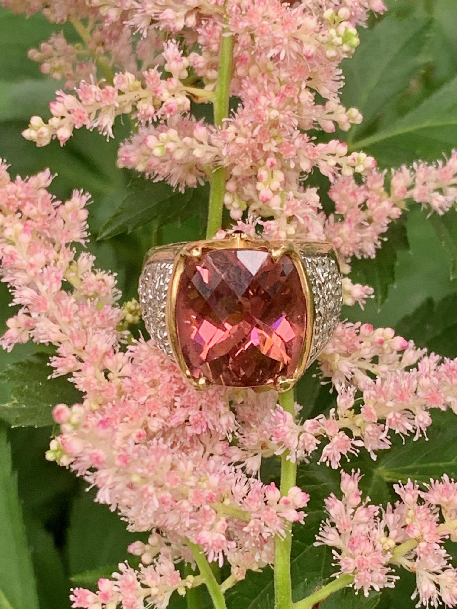 Modern Pink Tourmaline and Diamond 14 Karat Yellow Gold Ring 1