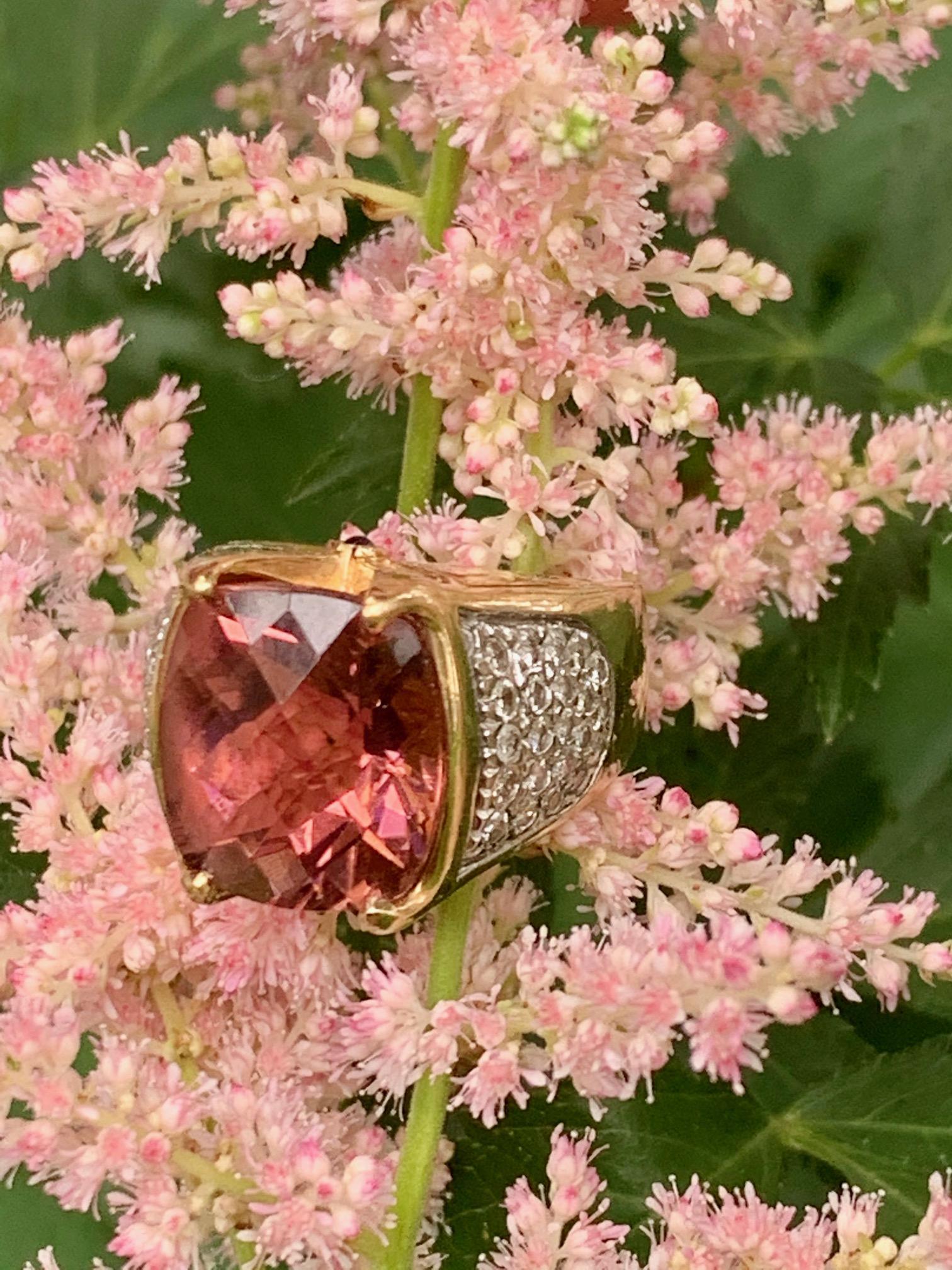 Modern Pink Tourmaline and Diamond 14 Karat Yellow Gold Ring 2