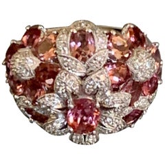 Modern Pink Tourmaline and Diamond Floral Design 14 Karat Gold Ring - Size 6 1/2