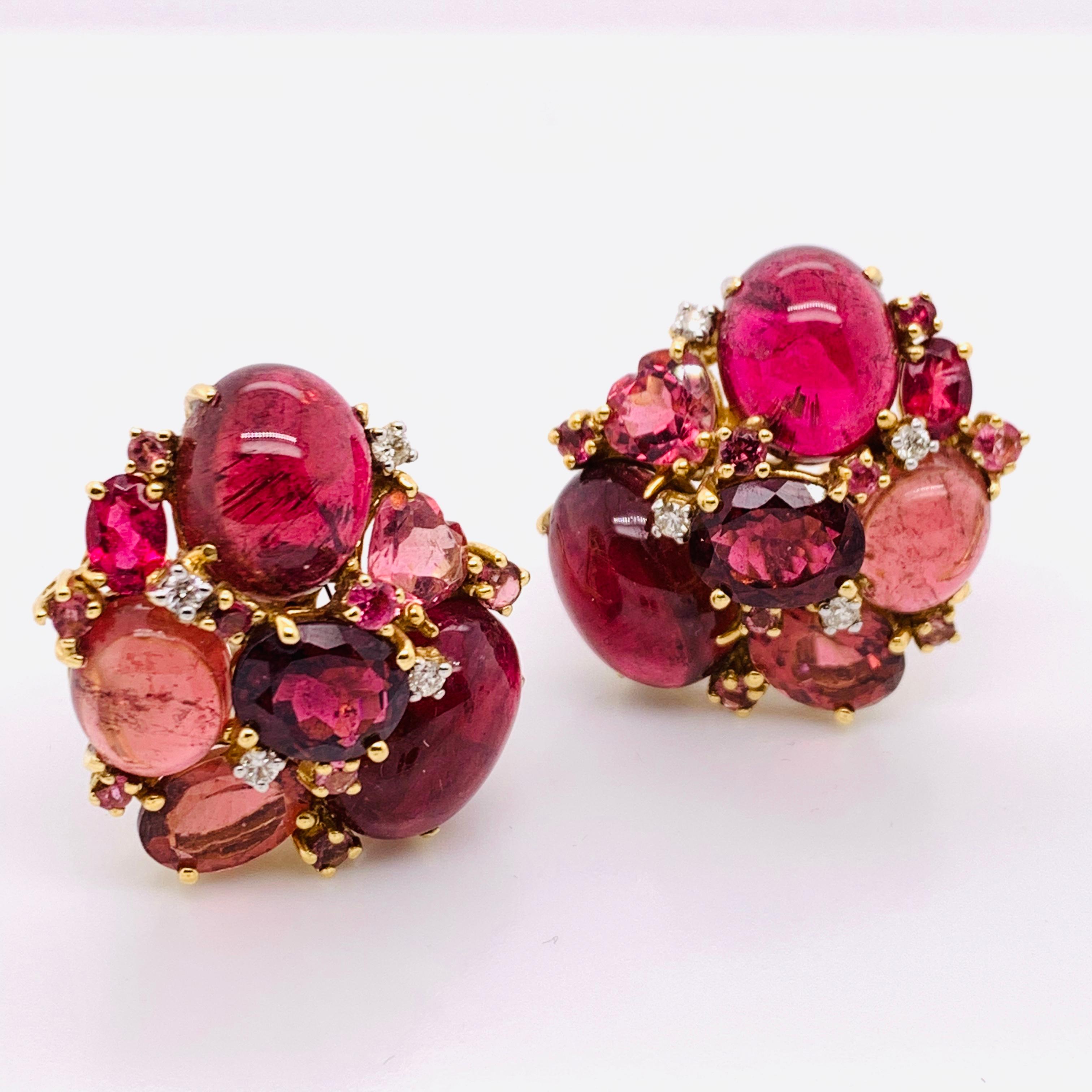 Cabochon Modern Pink Tourmaline, Diamond and Gold Cluster Earrings For Sale