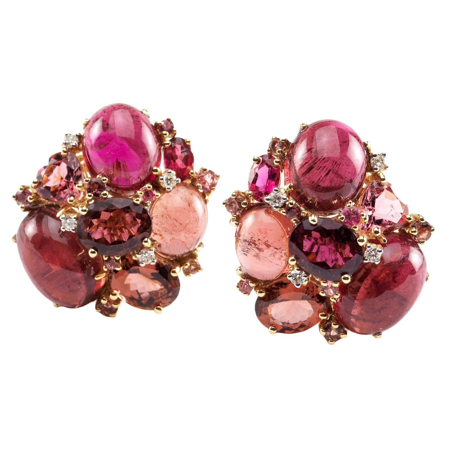 Modern Pink Tourmaline, Diamond and Gold Cluster Earrings For Sale