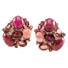 Modern Pink Tourmaline, Diamond and Gold Cluster Earrings