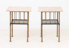 Modern Pink Travertine Brass Side Tables, Pair