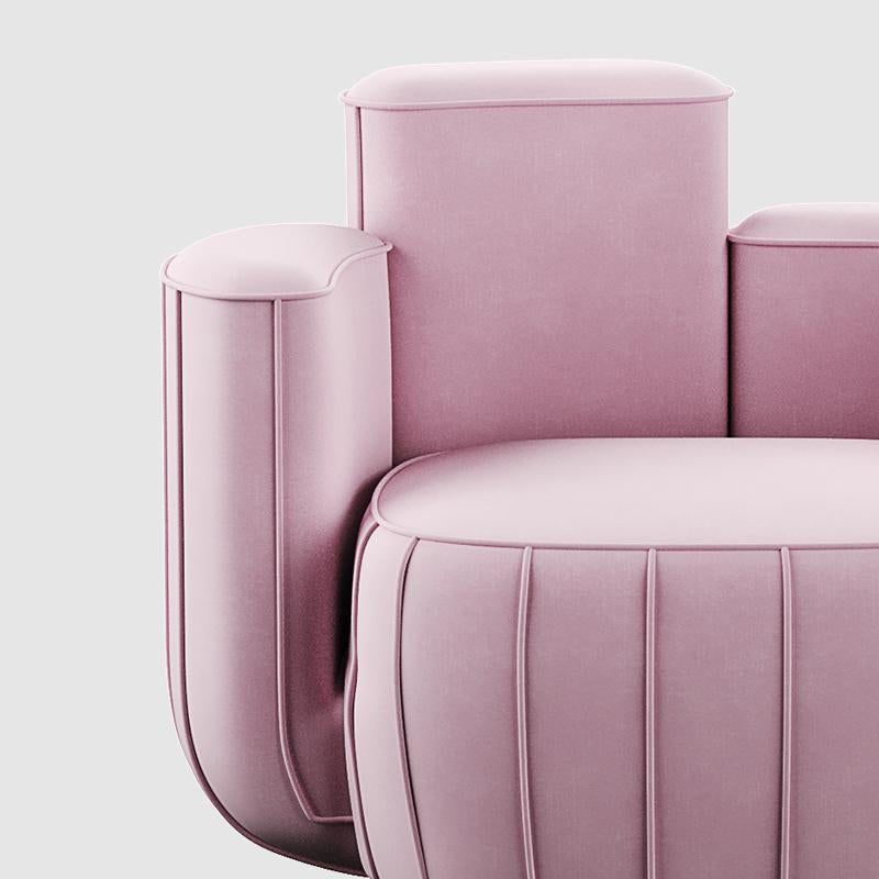 Modern pink velvet armchair cactus shape with gold swivel base polished brass

Ajui Armchair is a luxury armchair that features an artsy interpretation of a cactus and a swivel base. It is upholstered in velvet with structure and base in polished